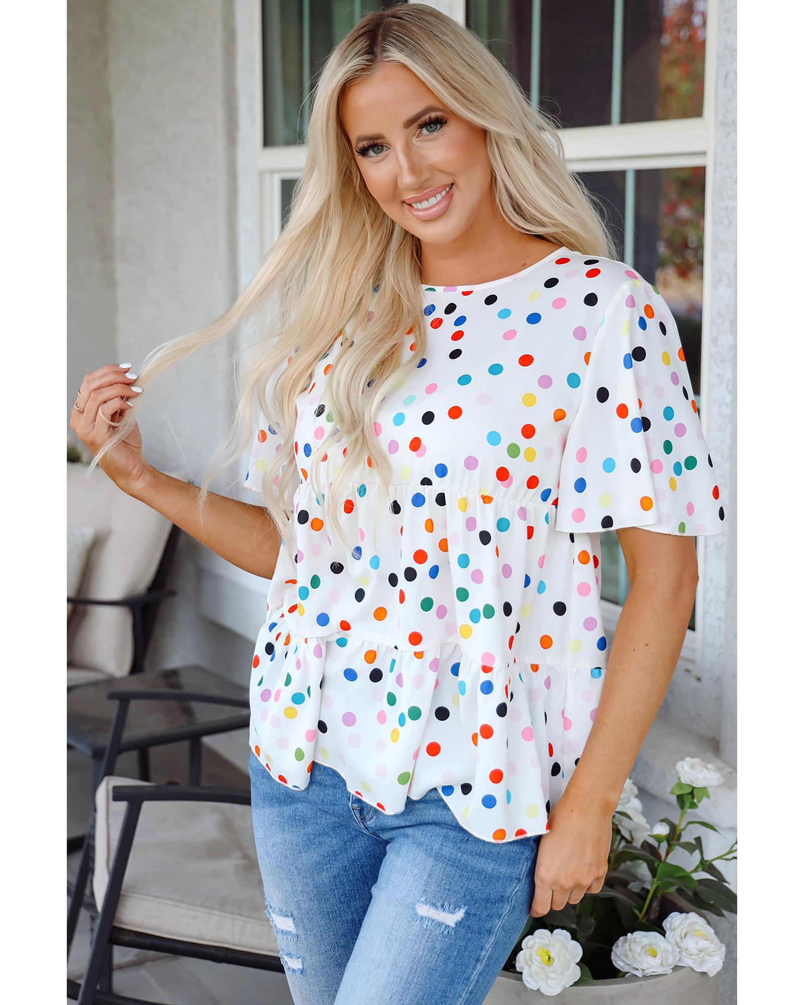 V539-AZEXDC25130320-P120-M-202508271455-00 White Colorful Polka Dot Short Sleeve Tiered Ruffled Babydoll Blouse - M - Image 1