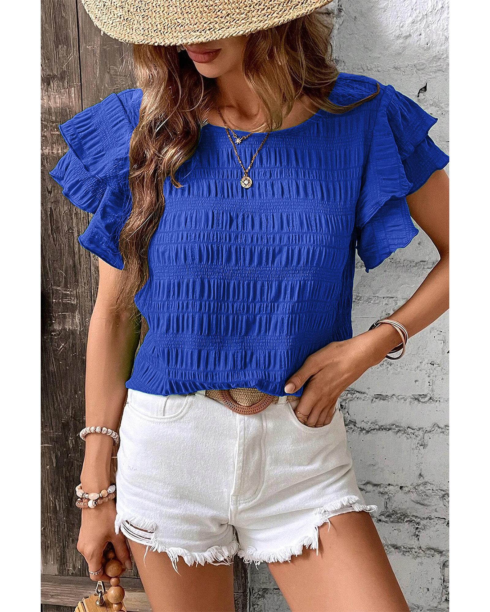V539-AZEXDC25130371-P5-S-202506121315-00 Dark Blue Textured Ruffled Sleeve Round Neck Top - S - Image 1