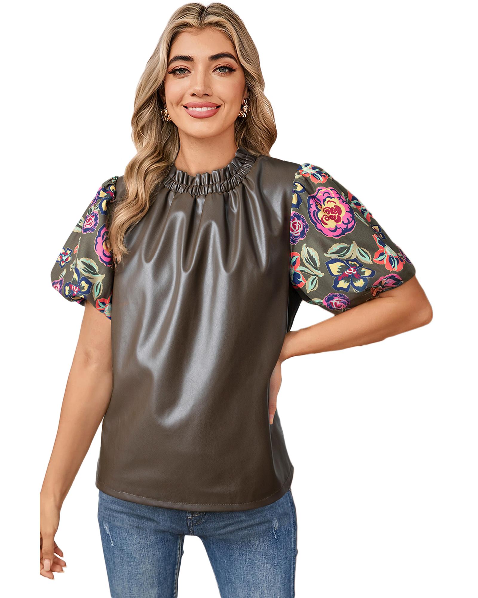V539-AZEXDC25130409-P2909-XL-202508270535-00 Four Leaf Clover Floral Bubble Sleeve Patchwork Leatherette Frilled Round Neck Blouse - XL - Image 1