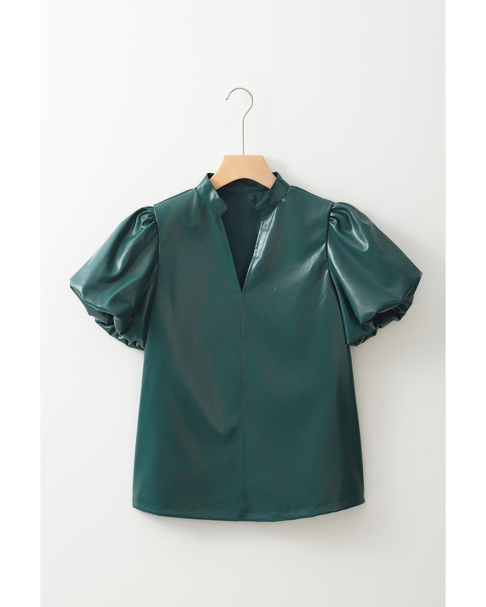 V539-AZEXDC25130451-P1709-XL-202508271435-00 Sea Green Notched V Neck Short Puff Sleeve PU Leather Blouse - XL - Image 1