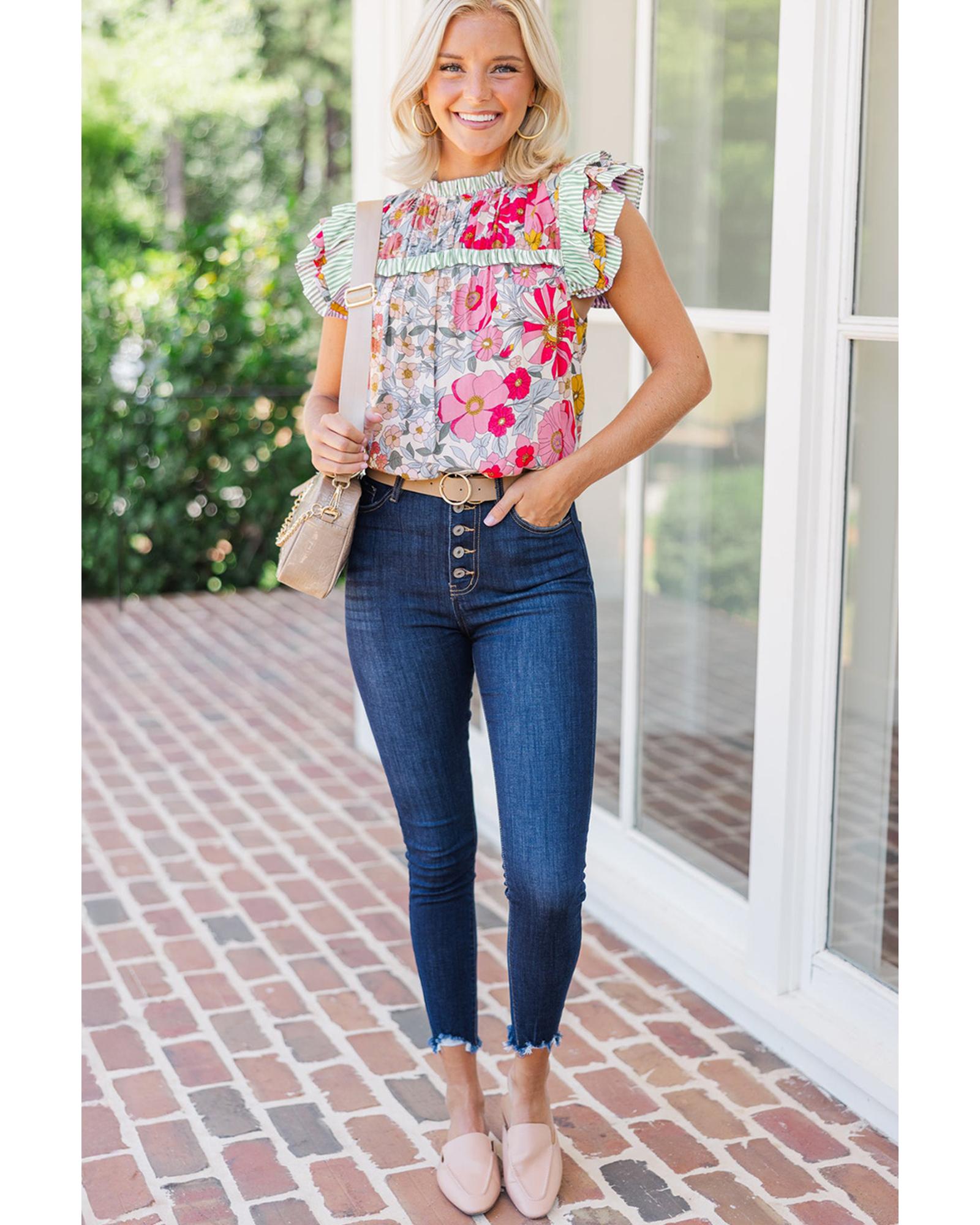 V539-AZEXDC25130698-P1020-M-202508271145-00 Pink Floral Print Contrast Ruffle Trim Short Sleeve Blouse - M - Image 1