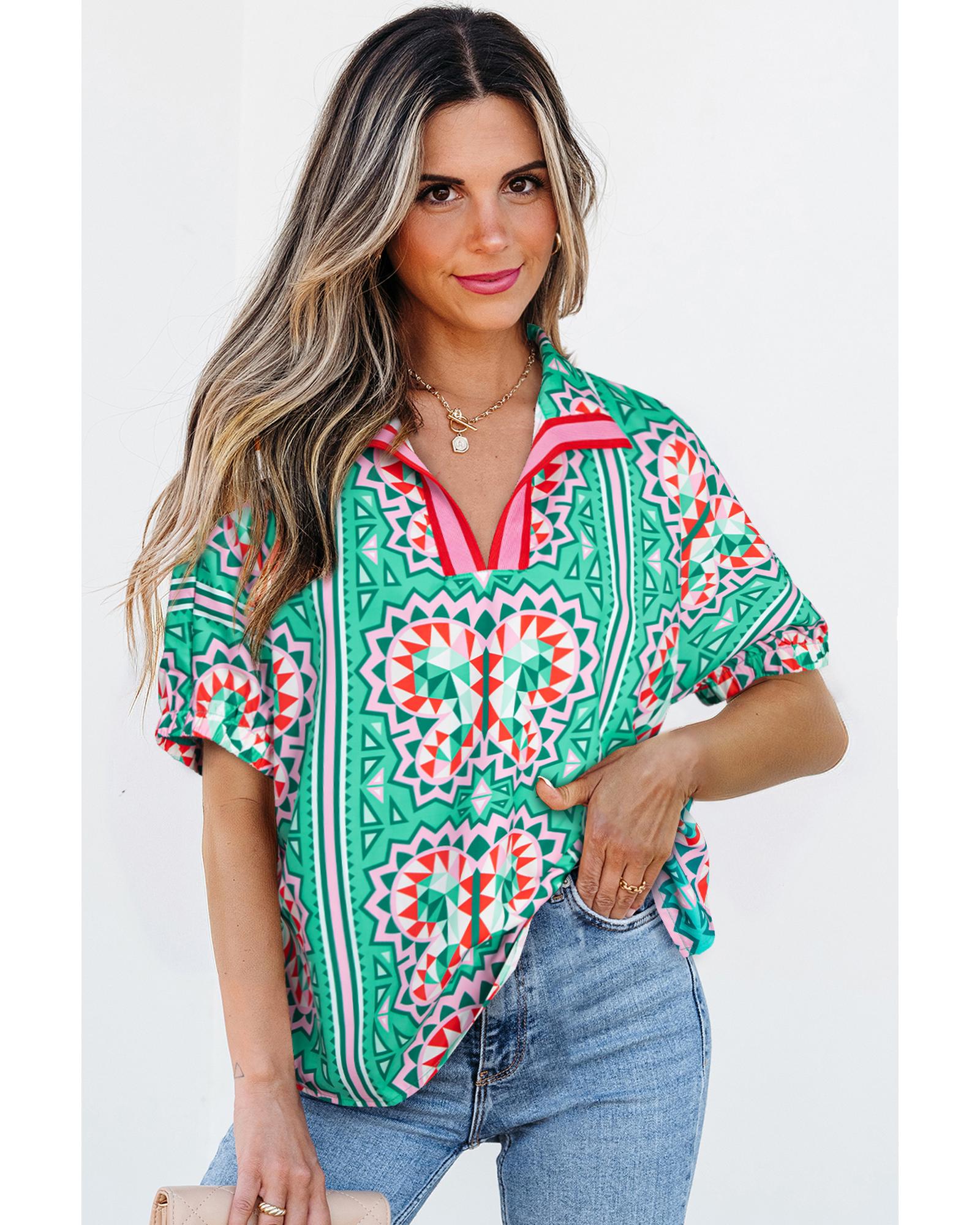 V539-AZEXDC25130774-P409-XL-202508271010-00 Sea Green Boho Abstract Print Contrast Striped Collared V Neck Blouse - XL - Image 1