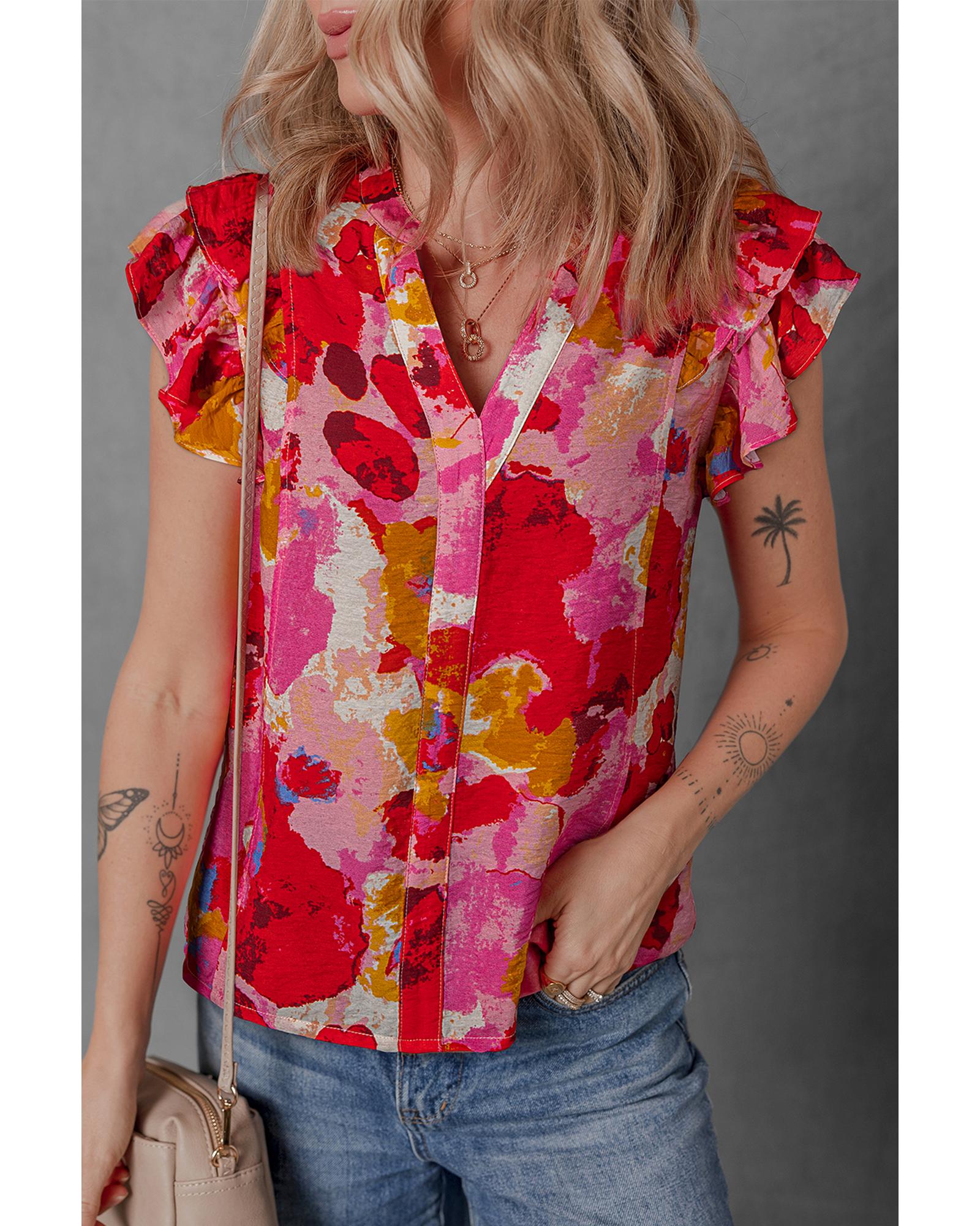 V539-AZEXDC25130786-P10320-M-202508271825-00 Red Abstract Print Split V Neck Ruffle Short Sleeve Blouse - M - Image 1