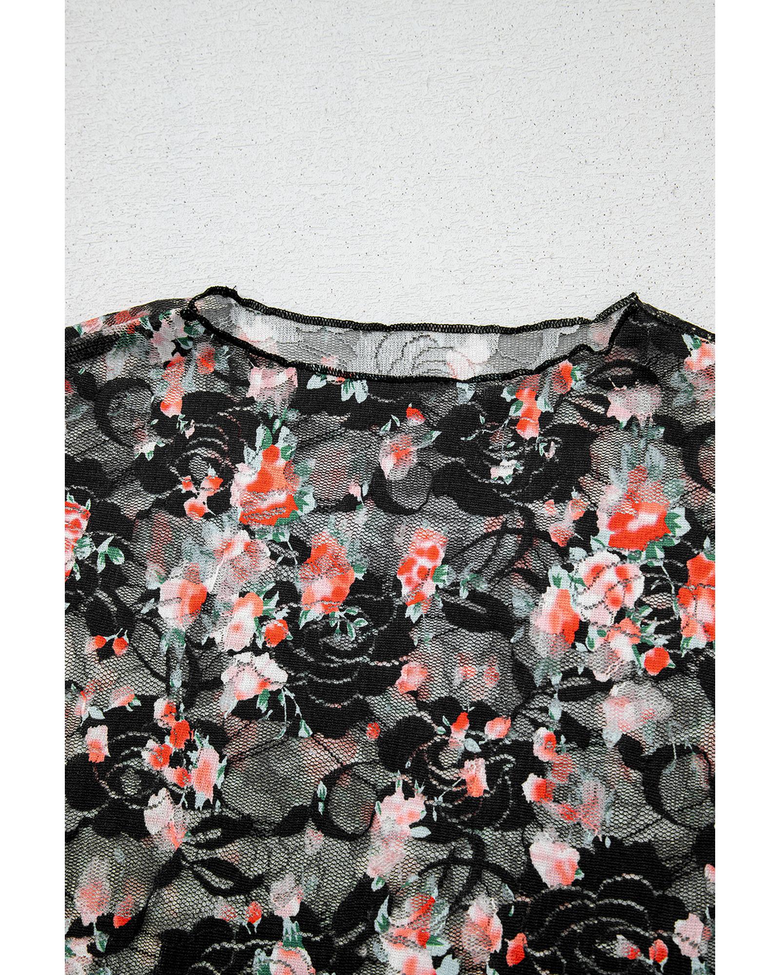 V539-AZEXDC25130800-P220-S-202506121126-00 Black Floral Mesh Sheer Long Sleeve Top - S - Image 1