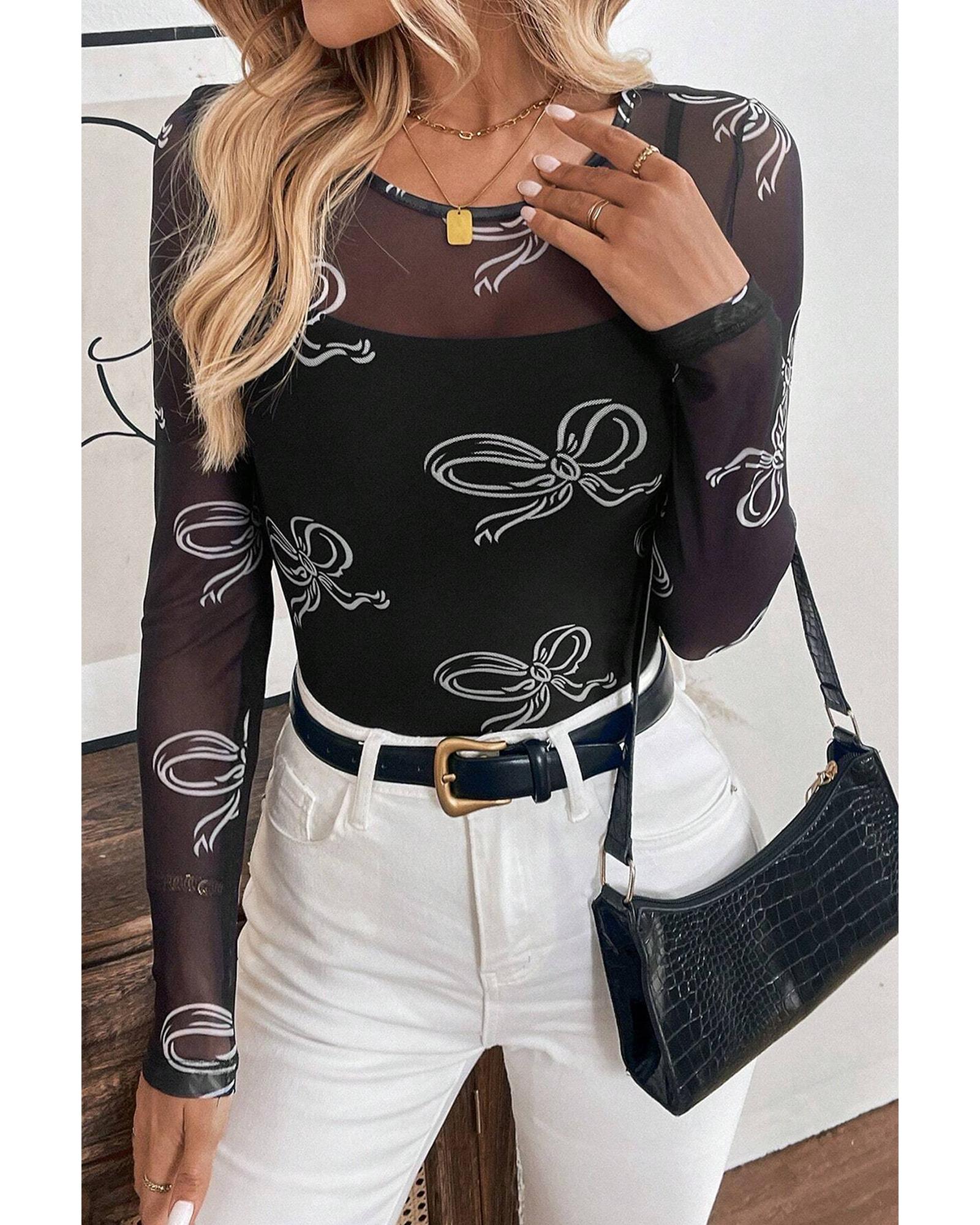 V539-AZEXDC25130855-P220-L-202508270815-00 Black Round Neck Bow Print Long Sleeve Mesh Top - L - Image 1