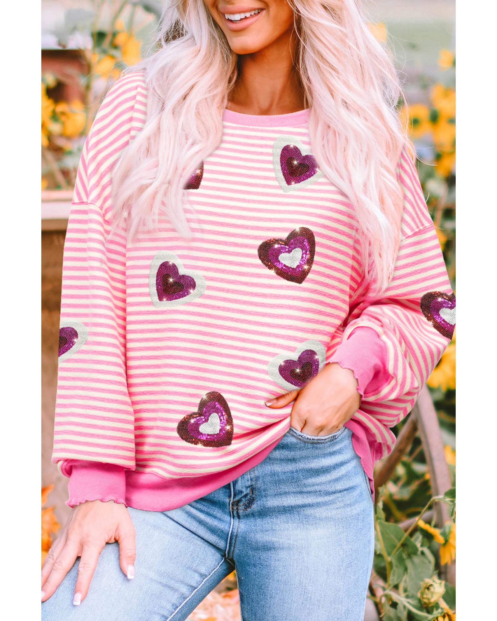 V539-AZEXDC25131024-P1019-M-202508271530-00 Pink Stripe Sequin Heart Patched Pattern Long Sleeve Valentines Top - M - Image 1