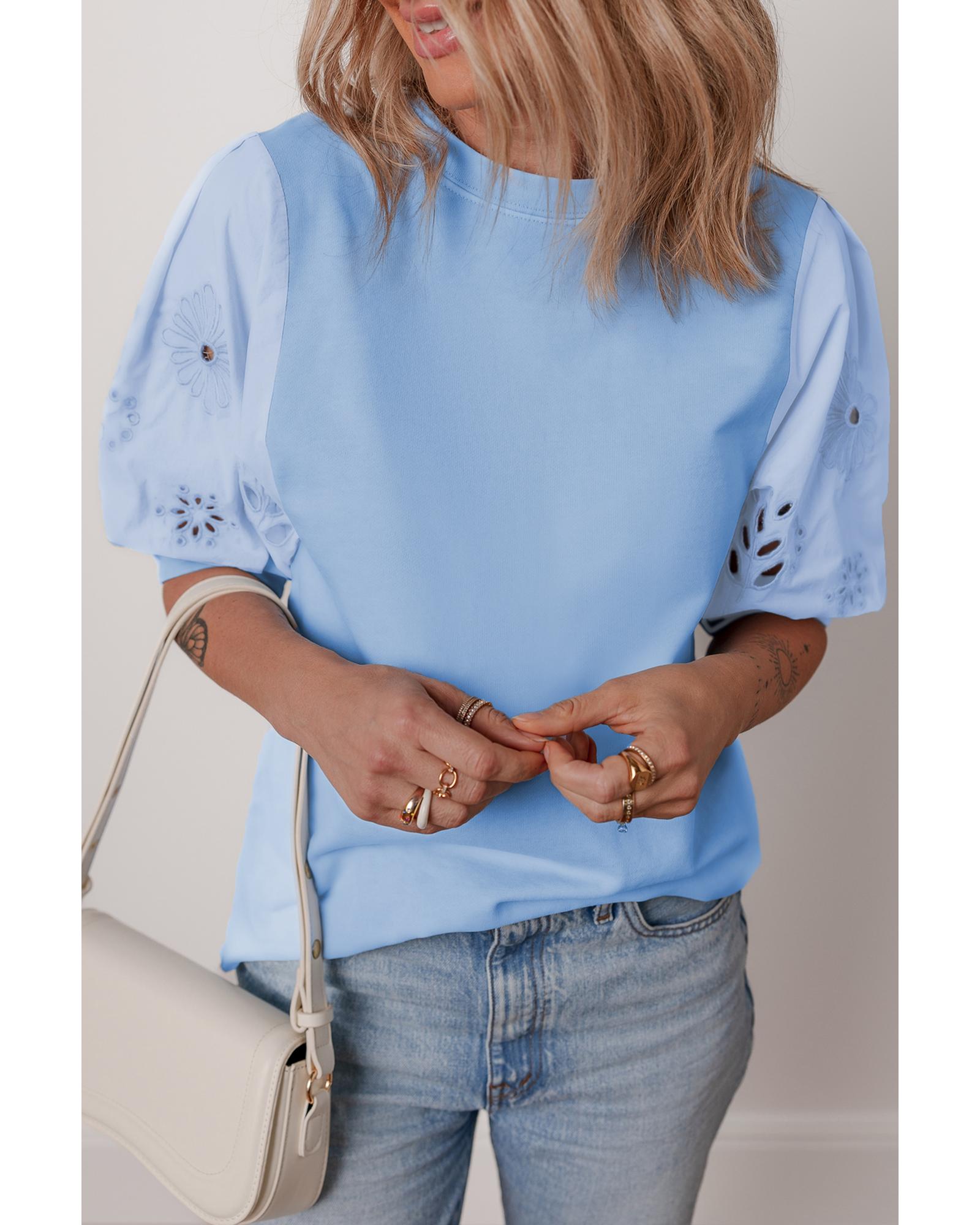 V539-AZEXDC25131382-P804-XL-202508271720-00 Beau Blue Eyelet Flower Embroidered Puff Short Sleeve Patchwork Crew Neck Blouse - XL - Image 1