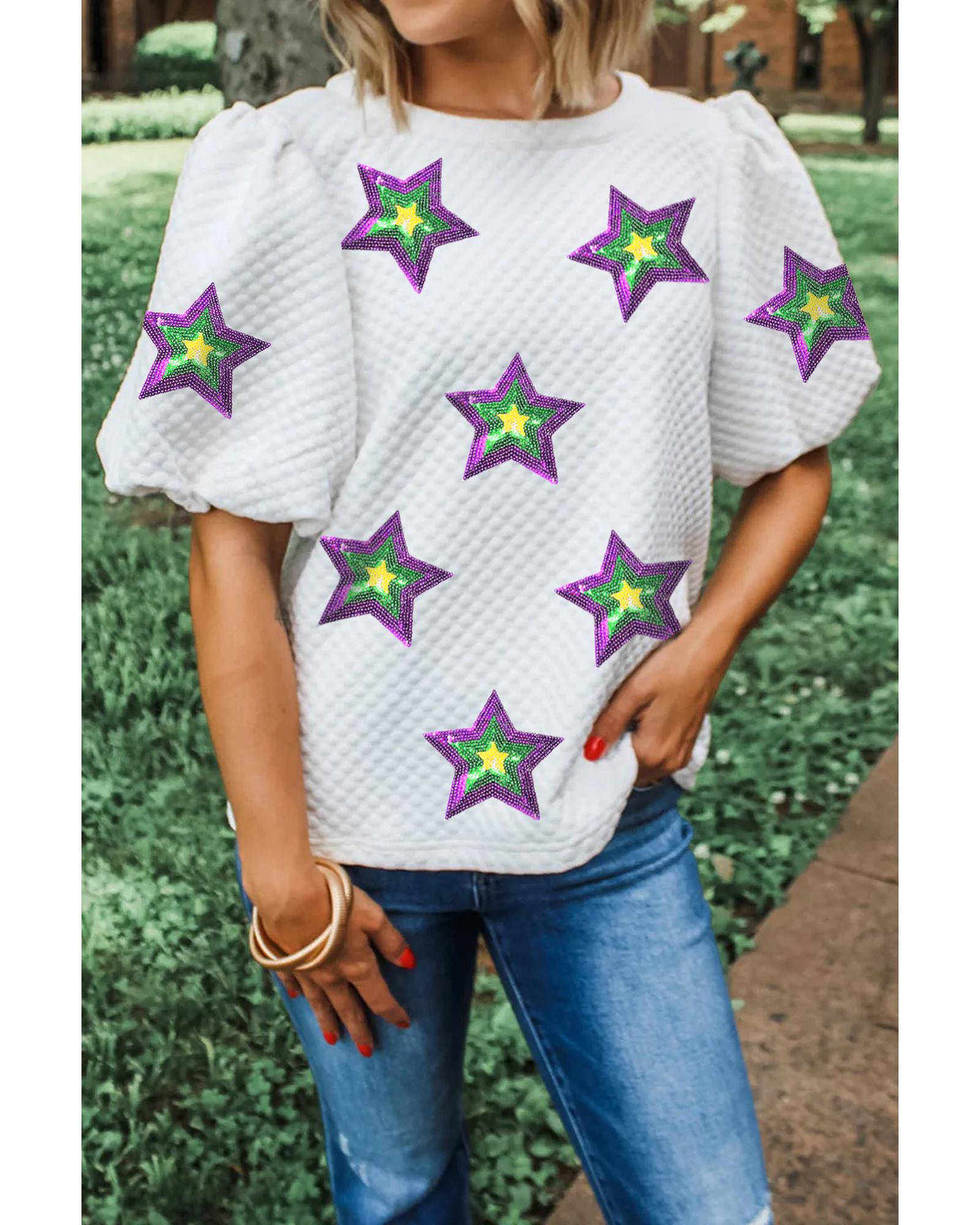 V539-AZEXDC25131569-P1-XL-202508272300-00 White Textured Sequin Mardi Gras Star Graphic Puff Sleeve Blouse - XL - Image 1