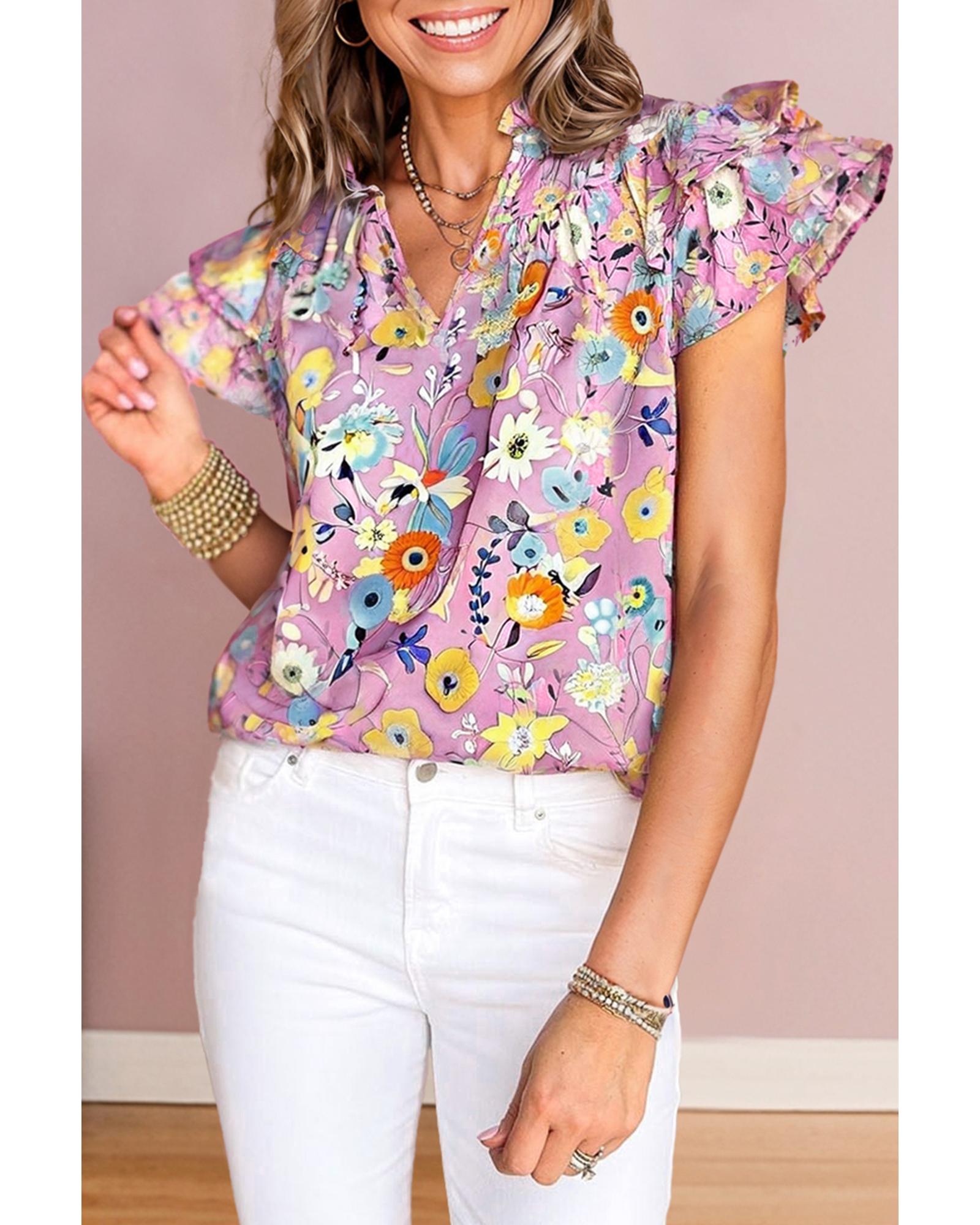 V539-AZEXDC25131619-P1020-L-202508271145-00 Pink Flutter Sleeve V Neck Floral Top - L - Image 1