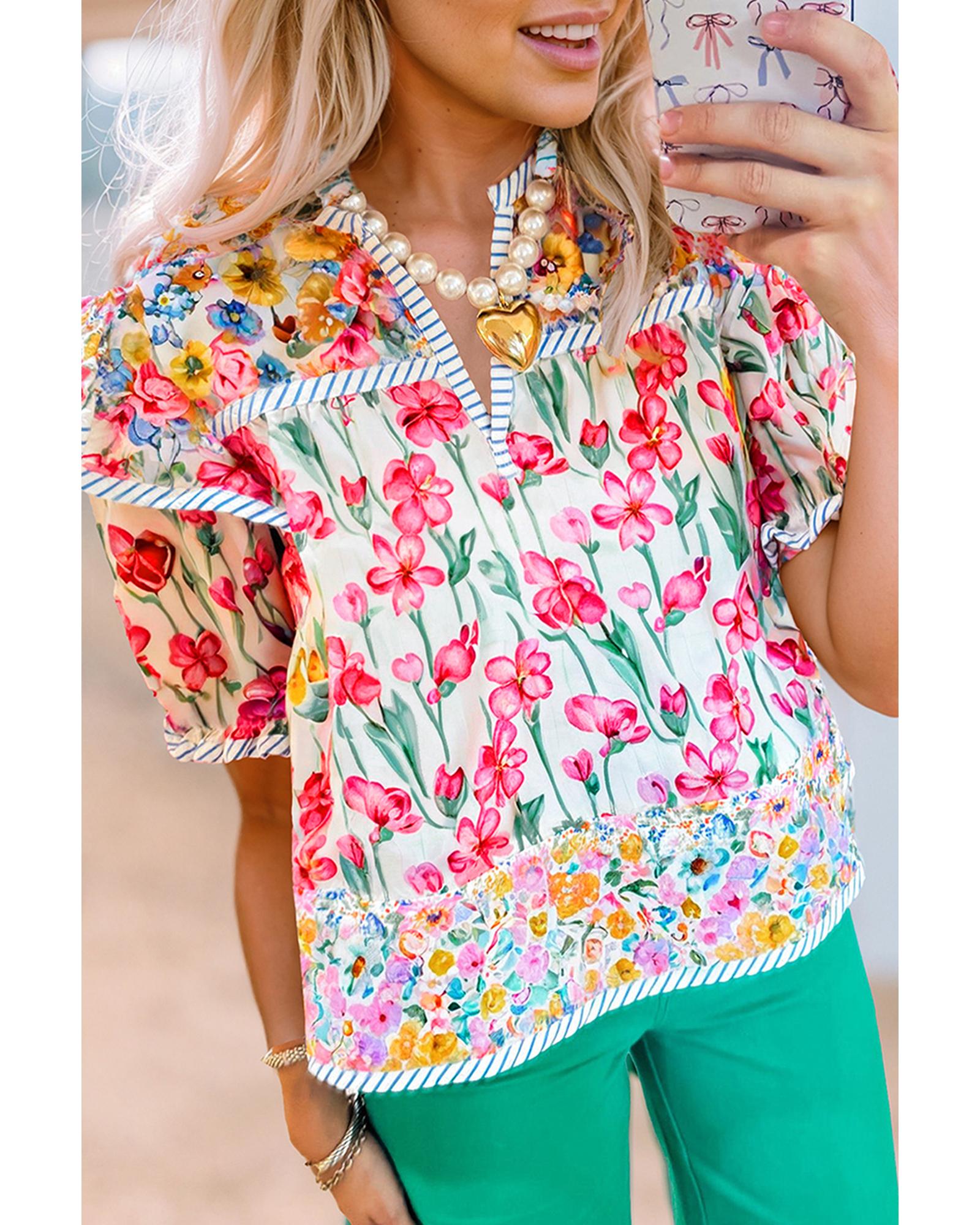 V539-AZEXDC25131786-P1020-M-202508271920-00 Pink Floral Print Striped Detail Split Neck Short Sleeve Blouse - M - Image 1