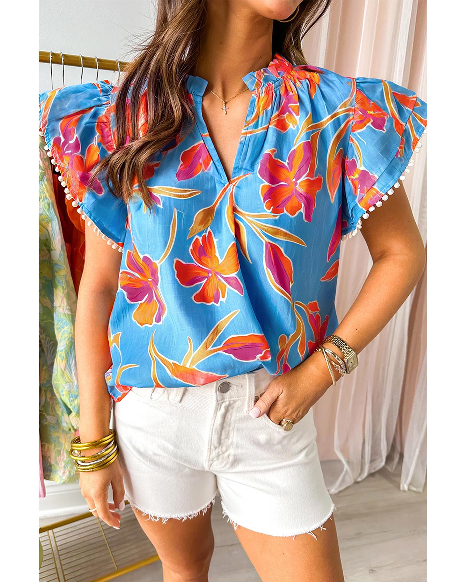 V539-AZEXDC25132026-P420-XL-202508271110-00 Sky Blue Floral Print V Neck Pompom Trim Flutter Sleeve Blouse - XL - Image 1
