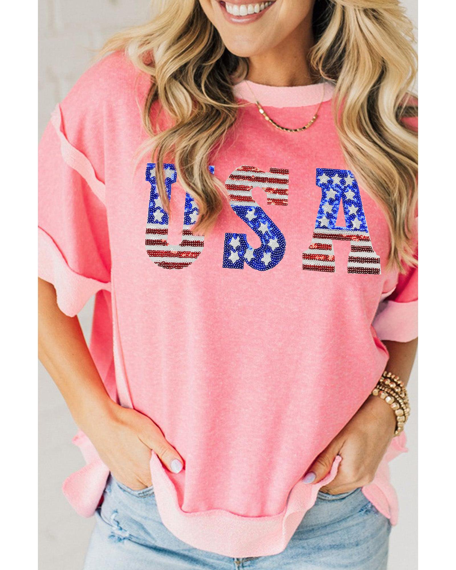 V539-AZEXDC25132529-P4010-L-202508272255-00 Peach Blossom USA Color Block High Low Crew Neck T Shirt - L - Image 1