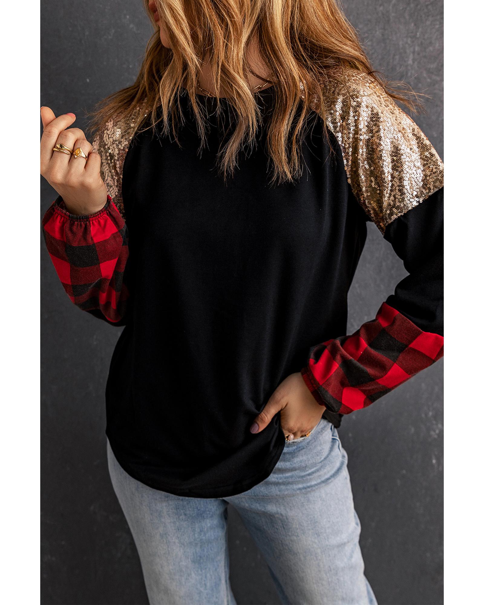 V539-AZEXDC2519441-2-S-163991-00 Azura Exchange Lantern Sleeve Plaid Sequin Pullover Sweatshirt - S - Image 1