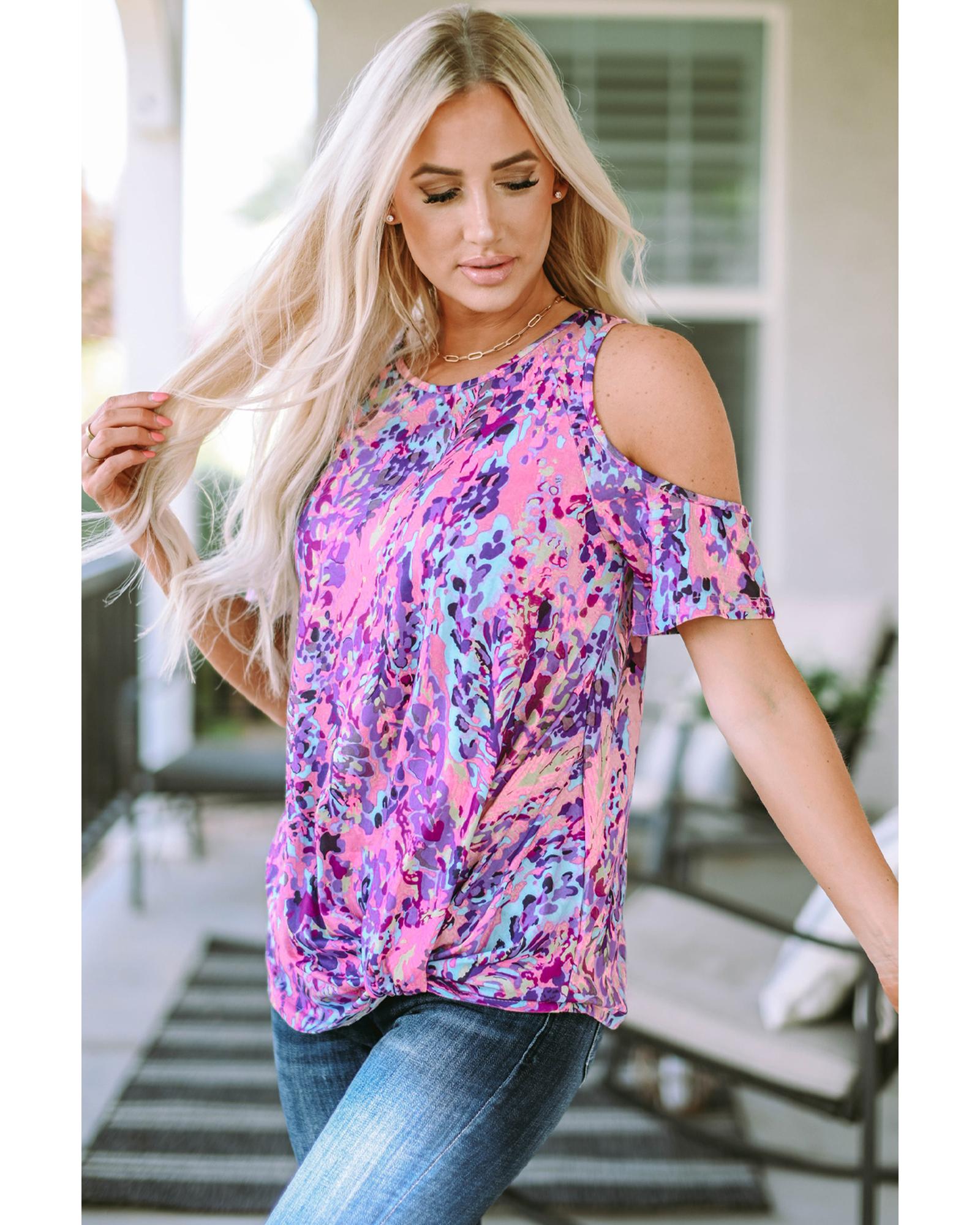 V539-AZEXDC25219889-22-M-202508260610-00 Azura Exchange Lavender Floral Print Cold Shoulder Blouse - M - Image 1