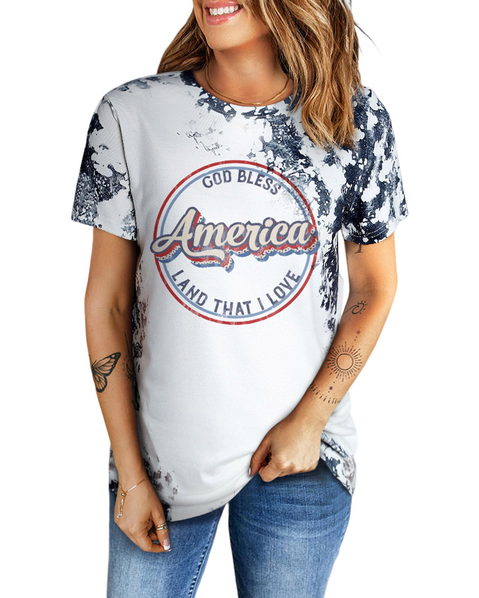 V539-AZEXDC25221214-11-M-202508270445-00 Gray America Slogan Tie Dye Print T Shirt - M - Image 1