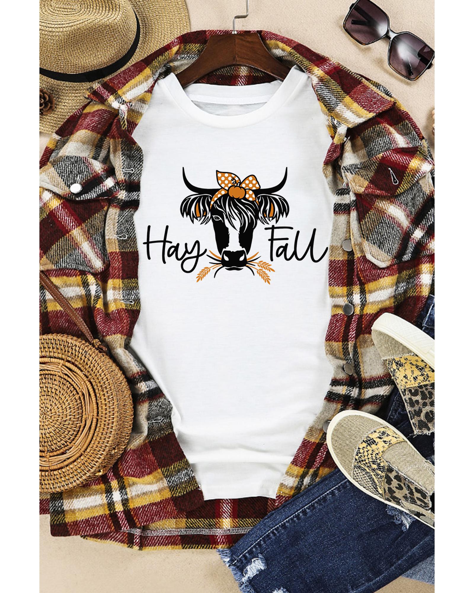 V539-AZEXDC25222169-1-2XL-202508271625-00 White Hay Fall Cow Head Graphic Tee - 2XL - Image 1