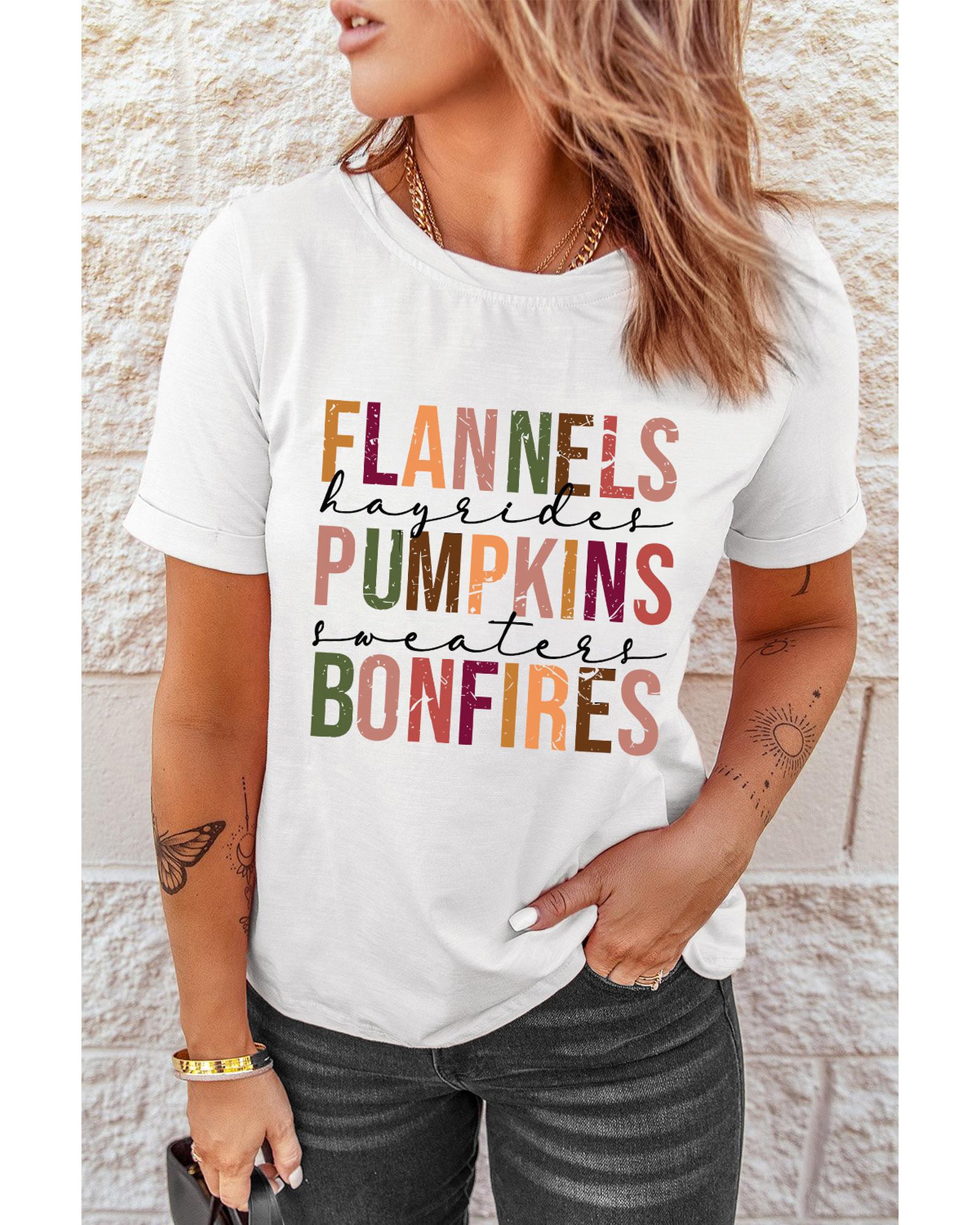 V539-AZEXDC25222242-1-XL-202508271215-00 White FLANNELS PUMPKINS BONFIRES Crewneck Graphic Tee - XL - Image 1