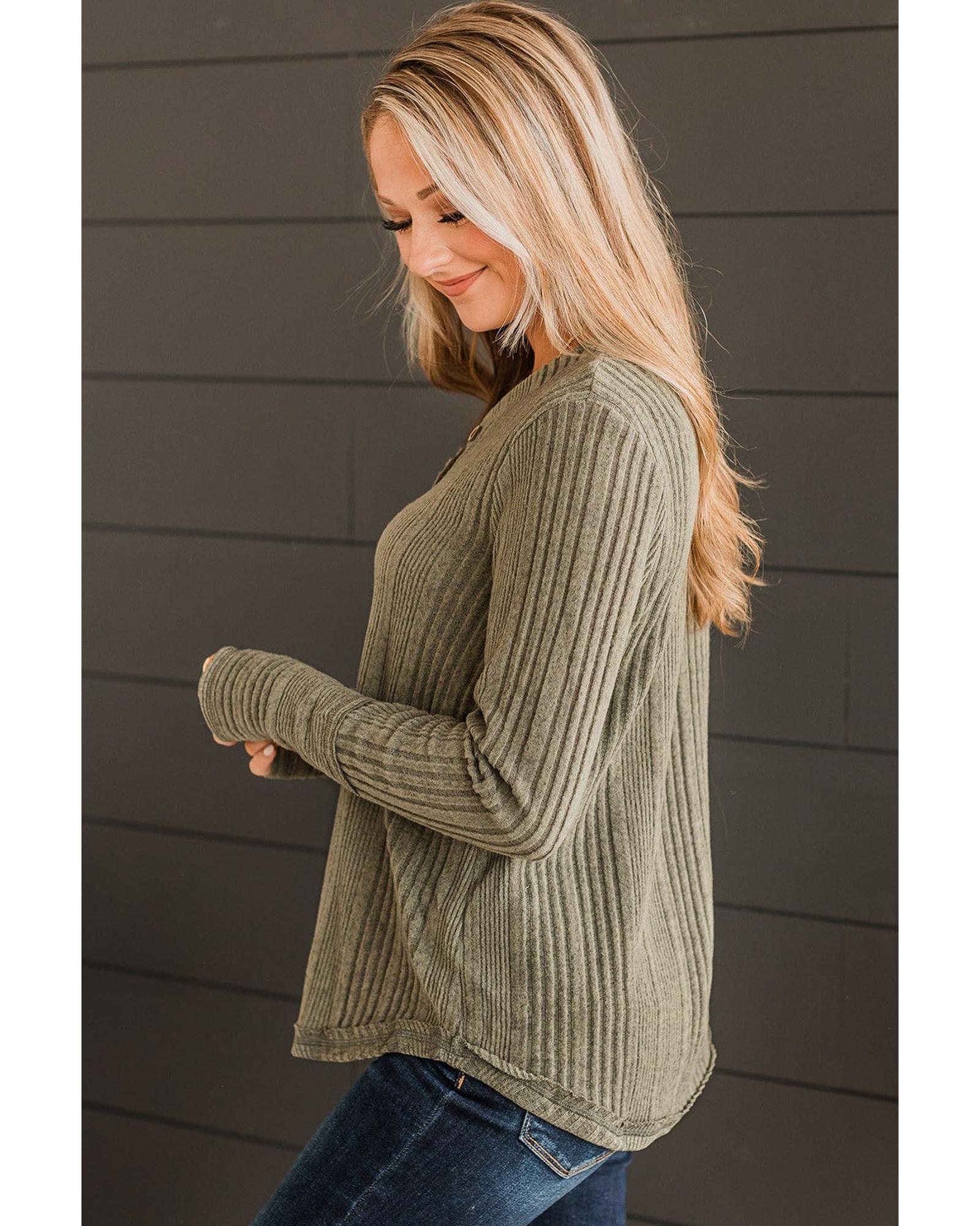 V539-AZEXDC25222851-P609-M-202508272355-00 Jungle Green V Neck Buttoned Ribbed Knit Top - M - Image 1