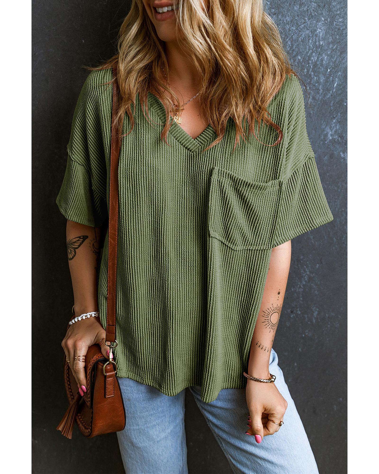 V539-AZEXDC25223174-P609-XL-202508271340-00 Azura Exchange Jungle Green Corded V Neck Chest Pocket Loose T-shirt - XL - Image 1