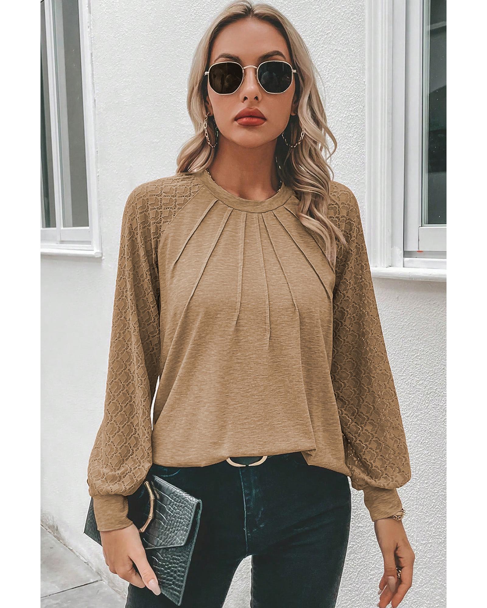V539-AZEXDC25223233-P4016-S-202508270645-00 Light French Beige Contrast Lace Raglan Sleeve Plicate Round Neck Top - S - Image 1