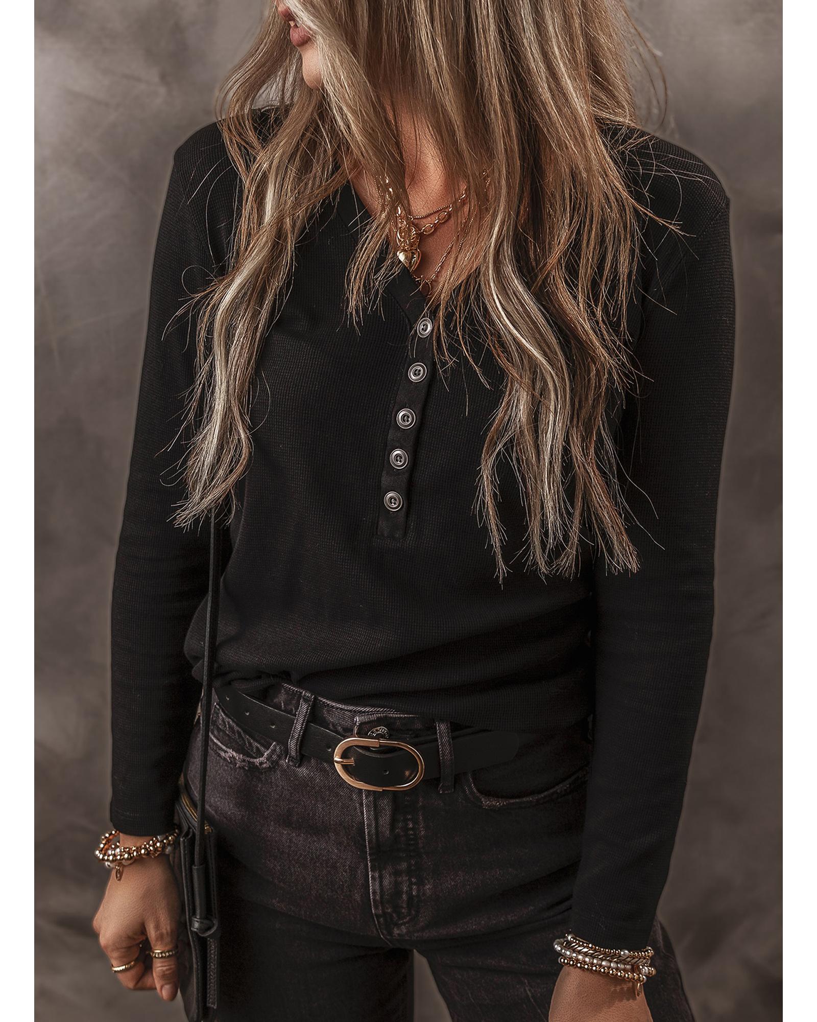 V539-AZEXDC25223274-P2-M-202508270945-00 Black Buttoned V Neck Long Sleeve Ribbed Top - M - Image 1