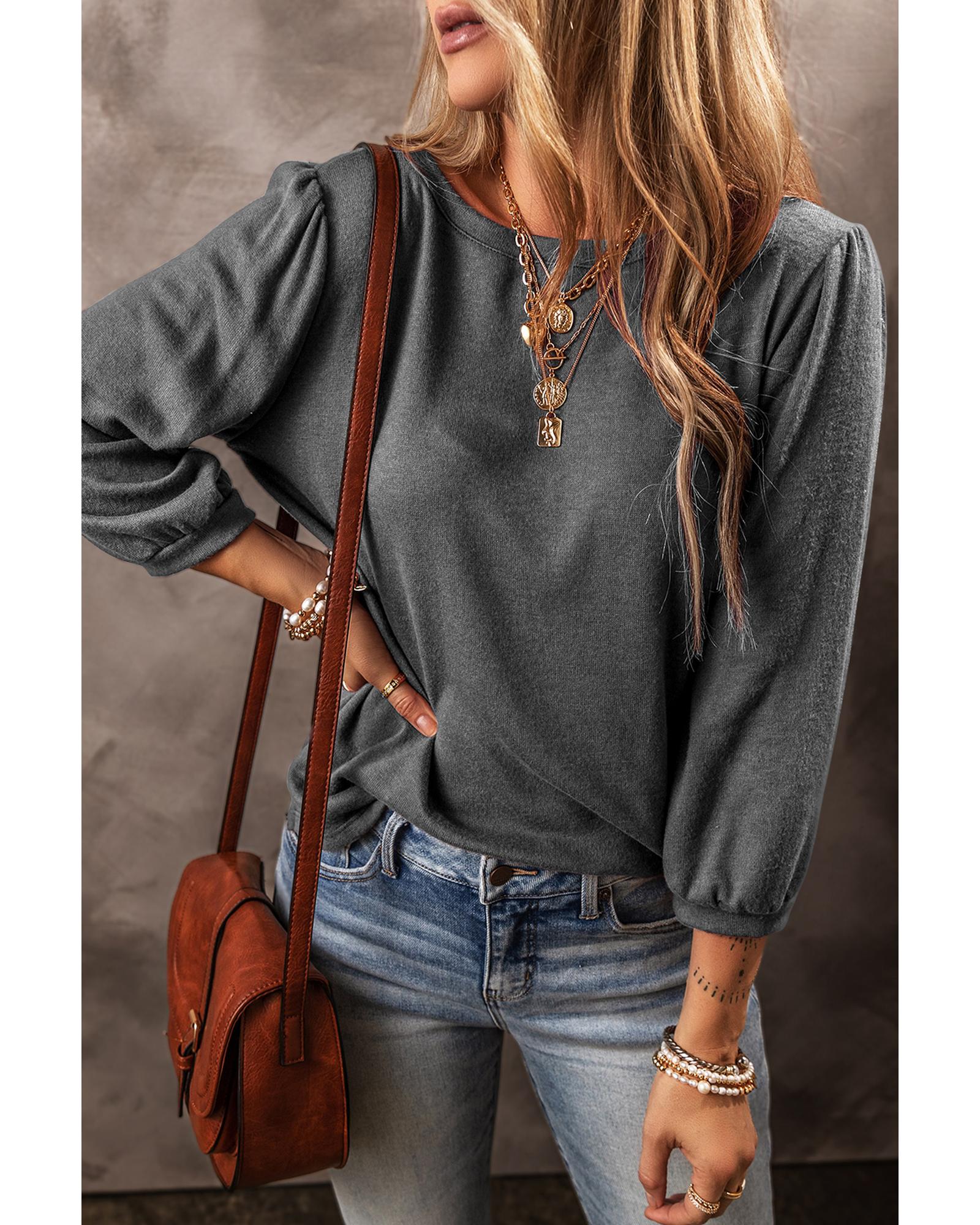 V539-AZEXDC25223280-P3011-L-202506121432-00 Medium Grey Solid Color 3/4 Sleeve Round Neck Blouse - L - Image 1