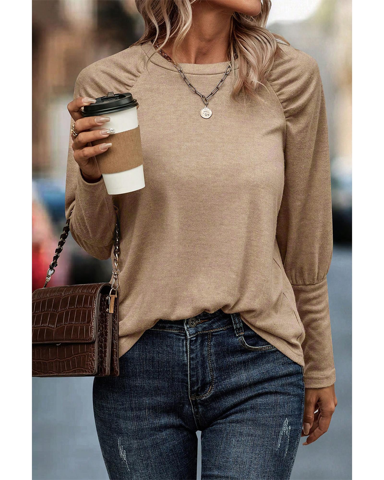 V539-AZEXDC25223440-P5016-L-202506191716-00 Pale Khaki Solid Ruched Raglan Sleeve Knit Top - L - Image 1