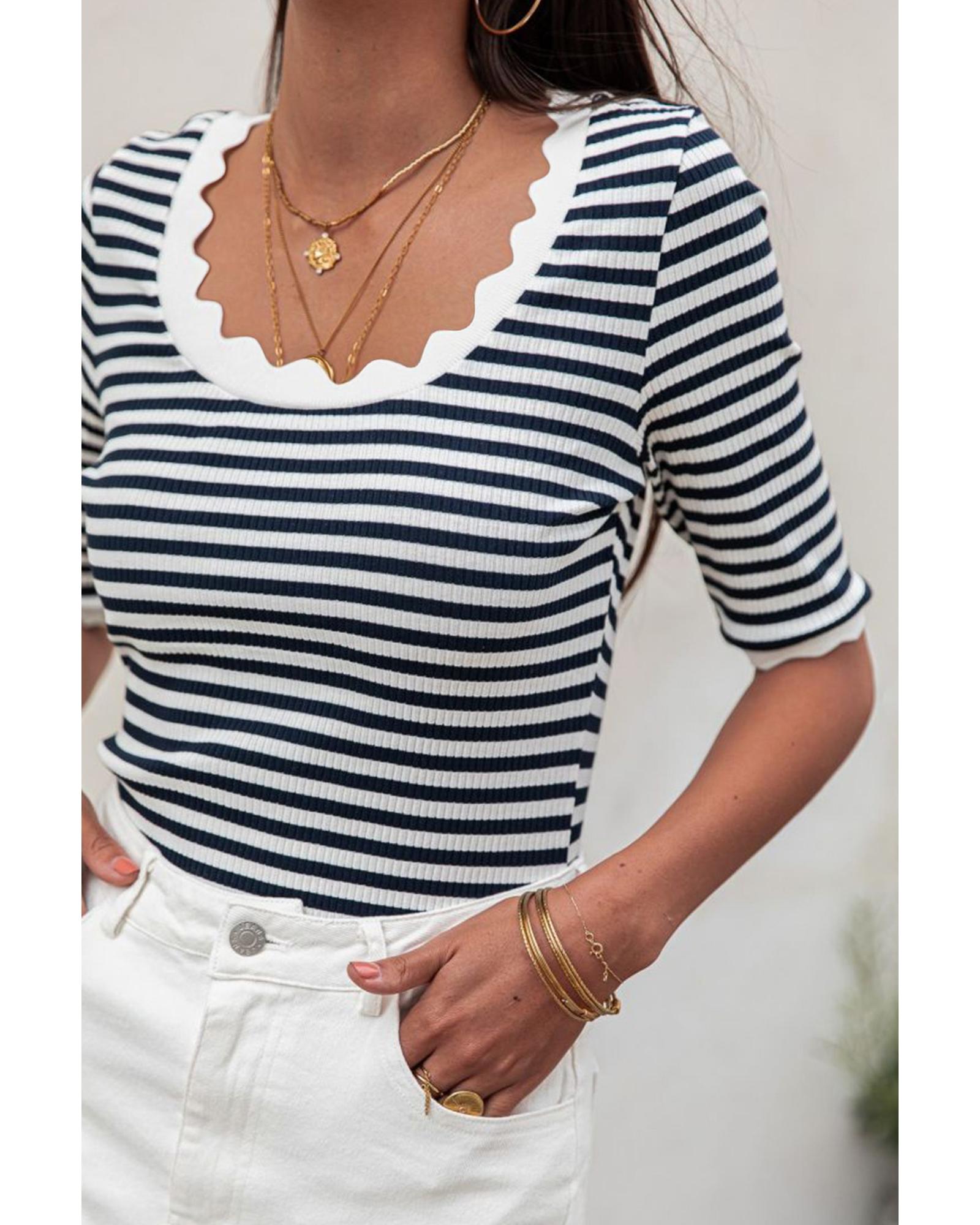 V539-AZEXDC25223651-P2-XL-202508271425-00 Black Striped Contrast Scallop Trim Half Sleeve T-shirt - XL - Image 1