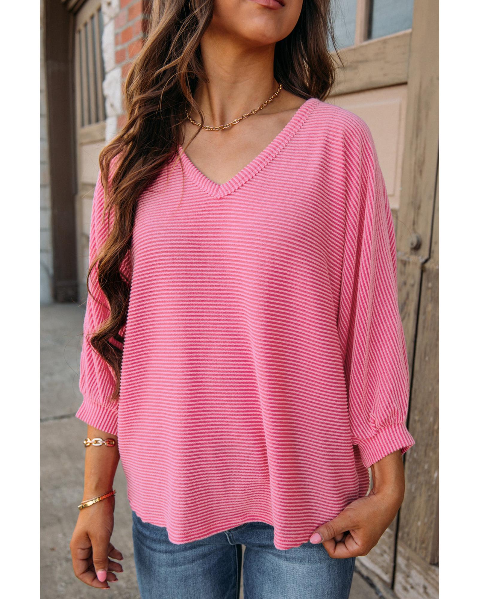 V539-AZEXDC25224107-P306-L-202508270505-00 Strawberry Pink Striped Print Bracelet Sleeve V Neck Top - L - Image 1