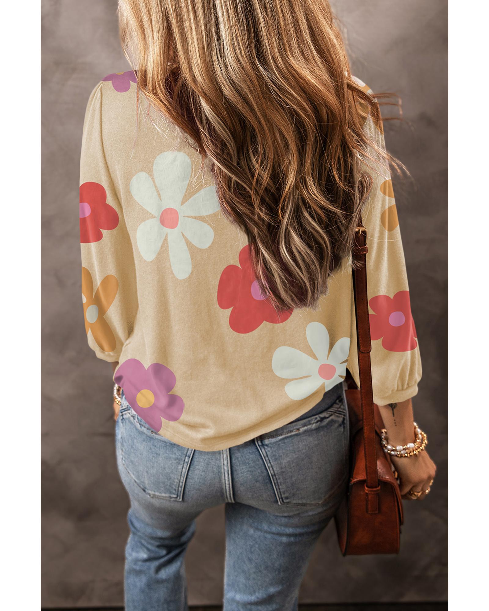 V539-AZEXDC25224163-P1820-M-202508271230-00 Apricot Cute Flower Print Bracelet Sleeve Top - M - Image 1