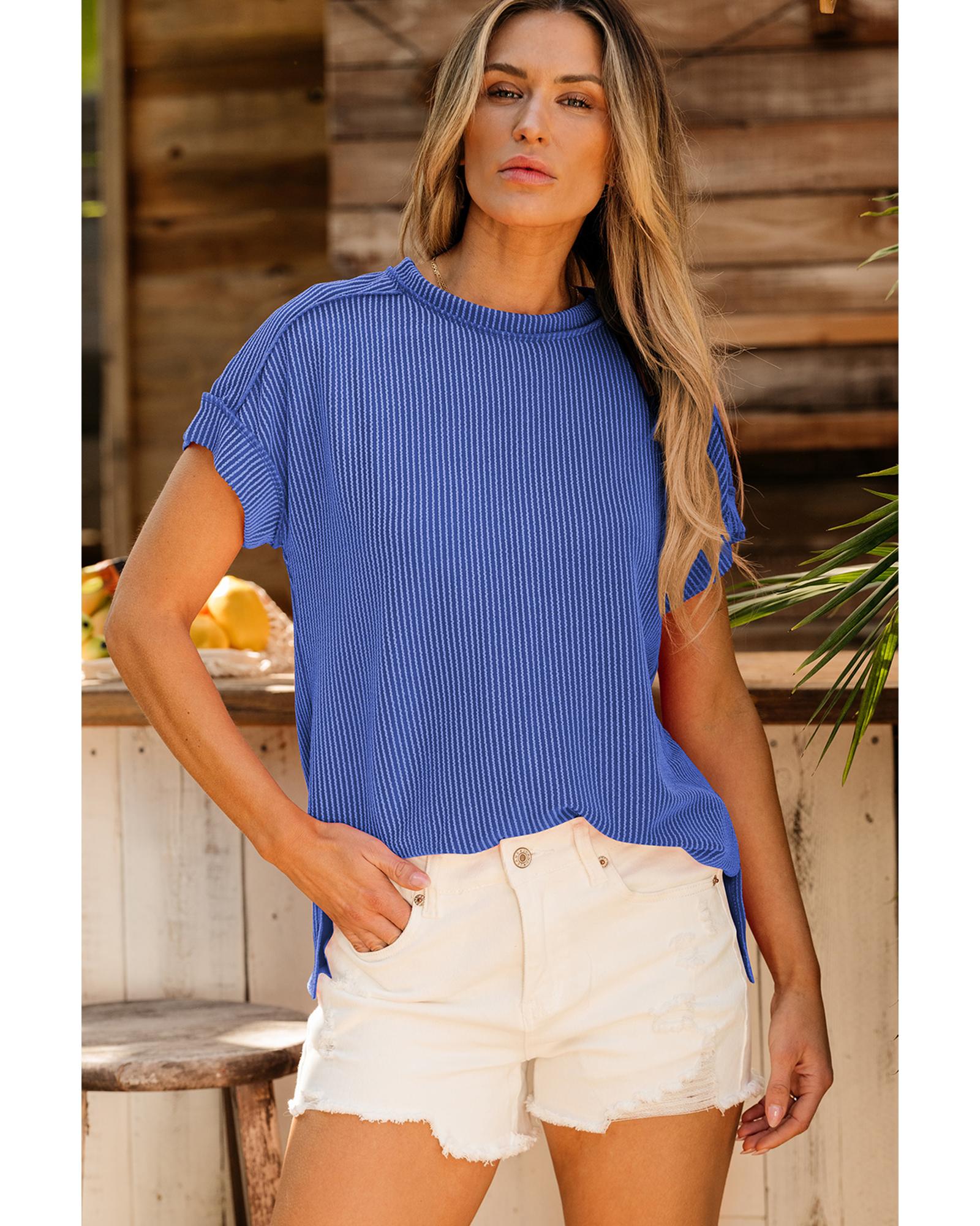 V539-AZEXDC25224229-P5-S-202506121153-00 Dark Blue Textured Knit Exposed Stitching T-shirt - S - Image 1