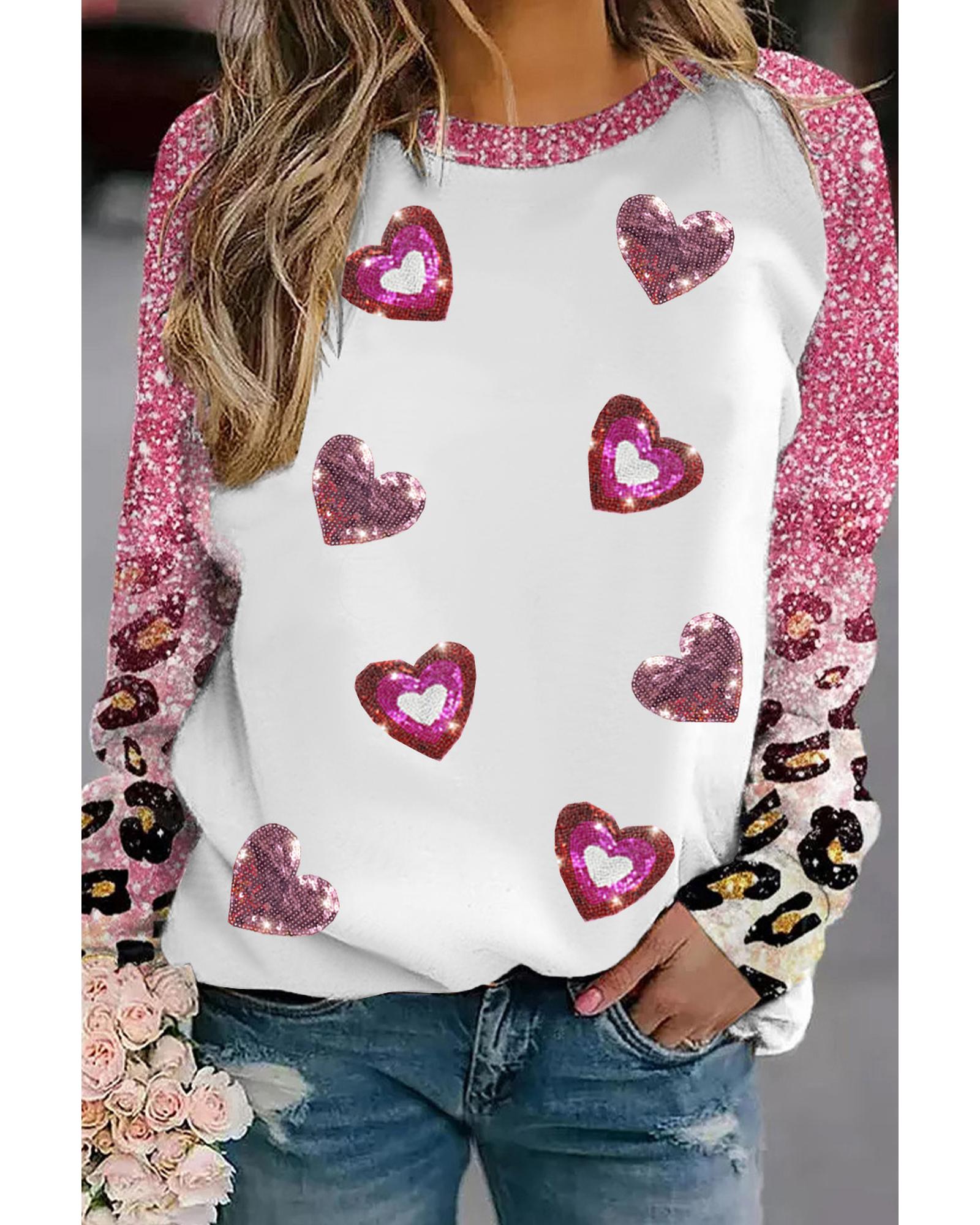 V539-AZEXDC25224294-10-S-202506121215-00 Pink Sequin Heart Shaped Leopard Long Sleeve Top - S - Image 1