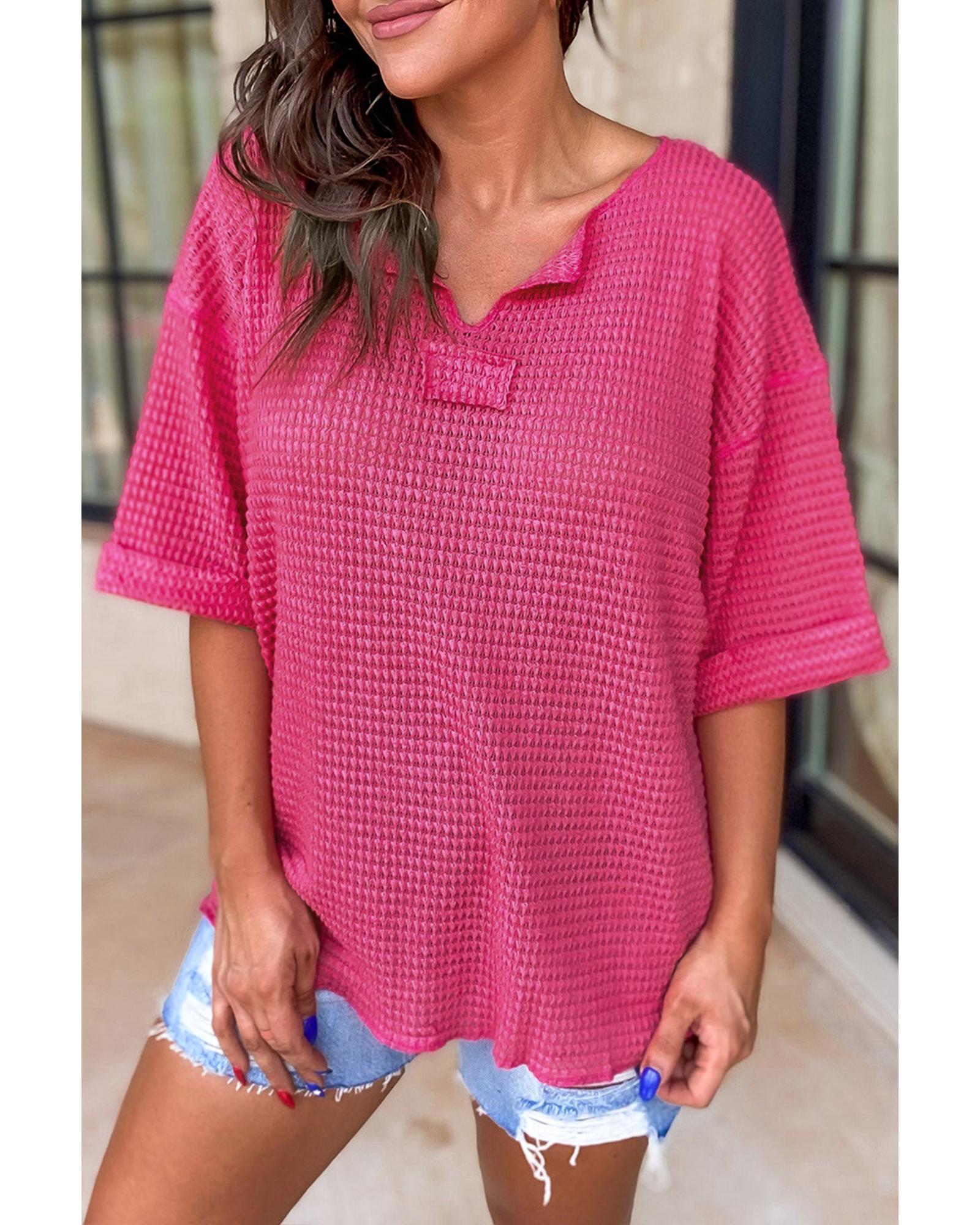 V539-AZEXDC25224309-P306-S-202506121220-00 Strawberry Pink Textured Knit Split Neck Cuffed Short Sleeve Top - S - Image 1