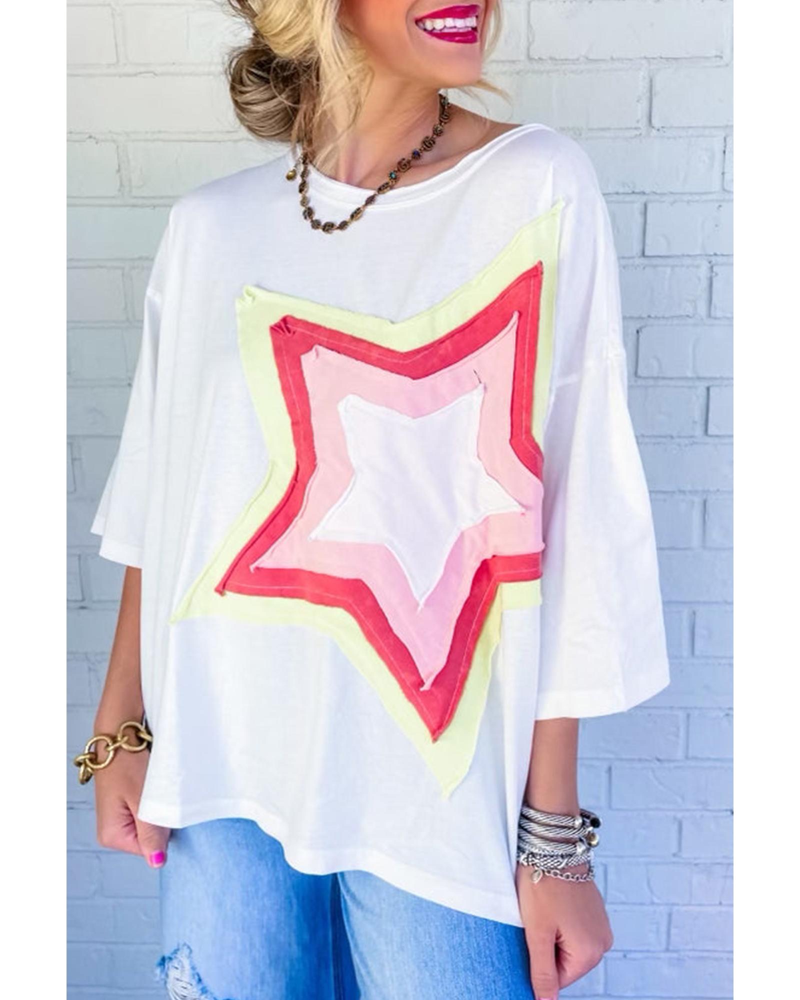 V539-AZEXDC25224353-P1-L-202508272215-00 White Colorblock Star Patched Half Sleeve Oversized Tee - L - Image 1