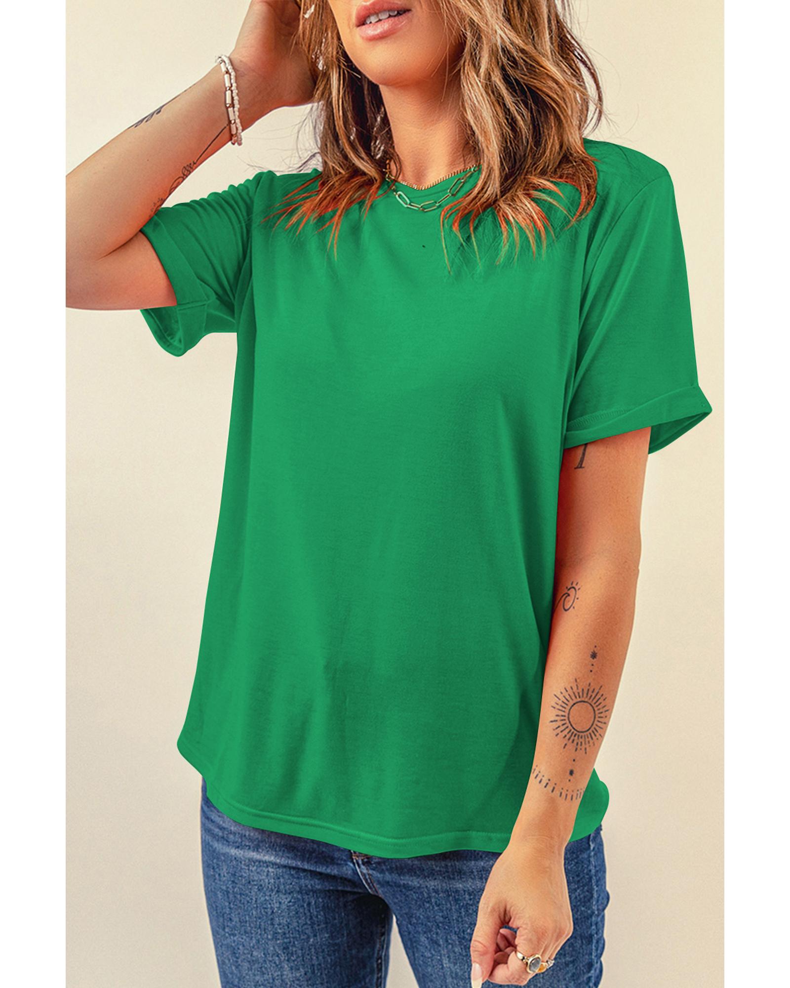 V539-AZEXDC25224551-P109-S-202508270730-00 Bright Green Casual Plain Crew Neck Tee - S - Image 1