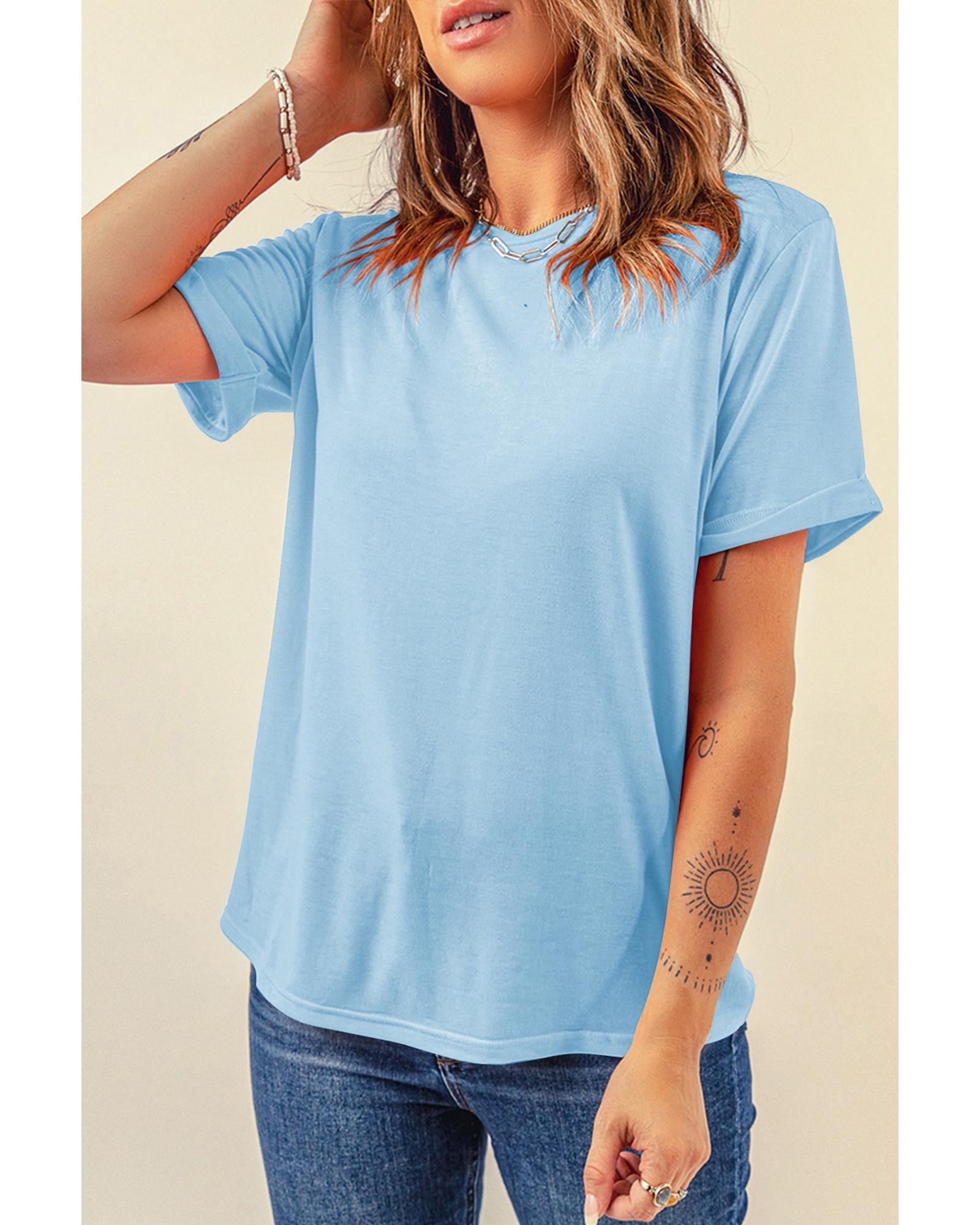 V539-AZEXDC25224551-P4-XL-202508271735-00 Light Blue Bright Casual Plain Crew Neck Tee - XL - Image 1
