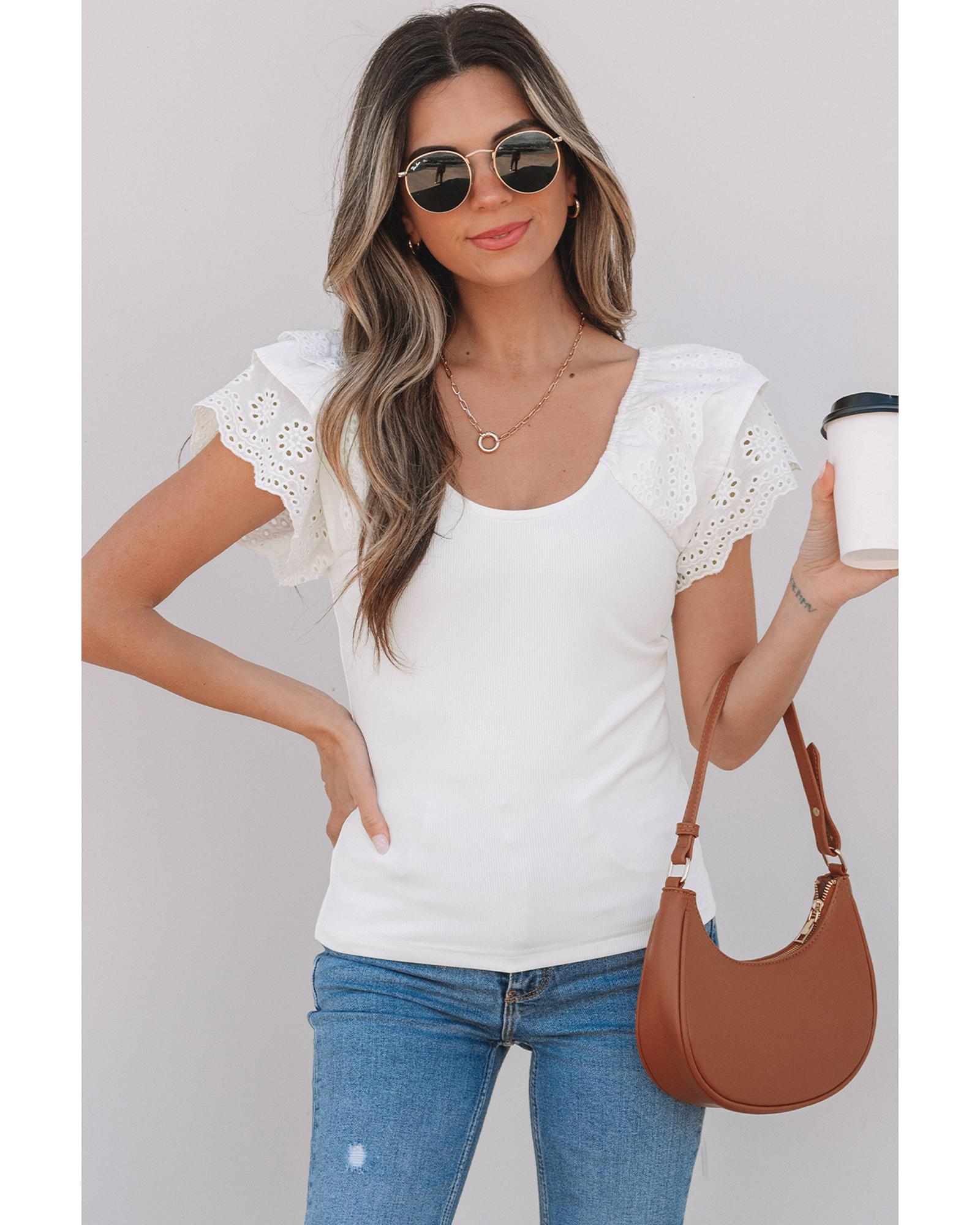 V539-AZEXDC25224993-P1-M-202508271900-00 White Eyelet Ruffle Sleeve Slim Fitted Top - M - Image 1