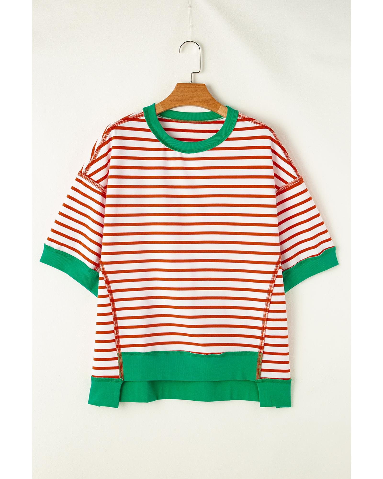 V539-AZEXDC25225034-P1419-M-202508270235-00 Orange Stripe Oversized Contrast Trim Exposed Seam High Low T Shirt - M - Image 1