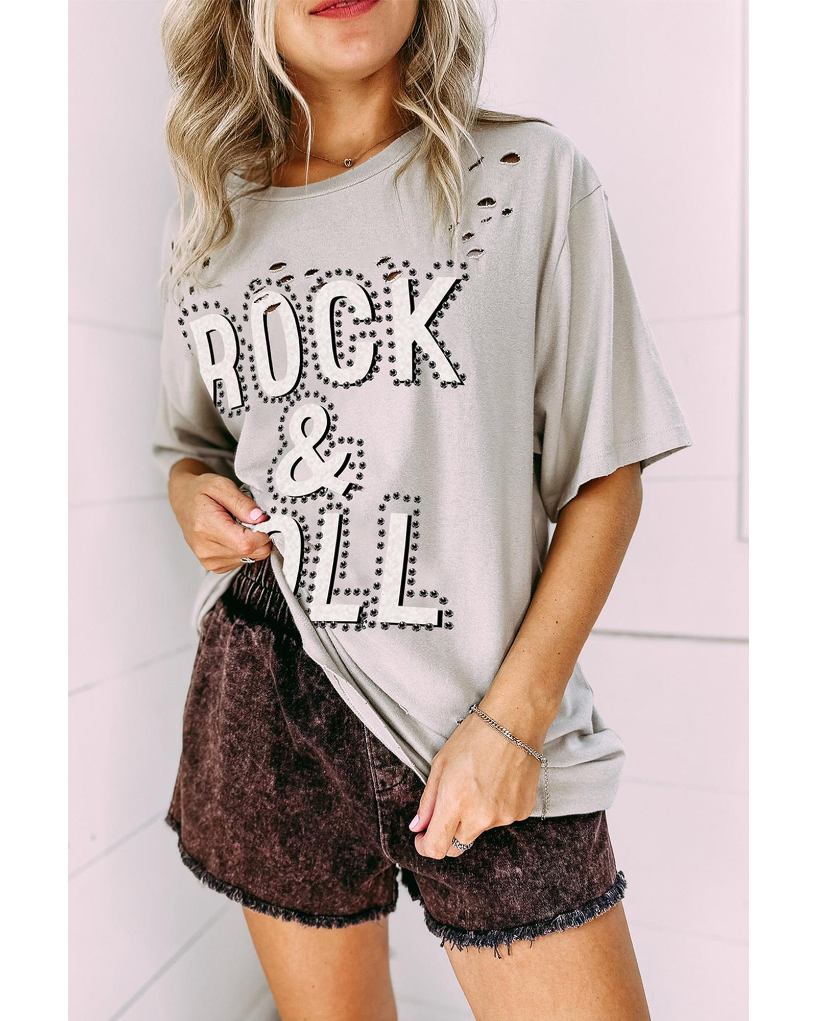 V539-AZEXDC25225089-P11-M-202508270700-00 Gray Rock & Roll Graphic Distressed Vintage Tee - M - Image 1