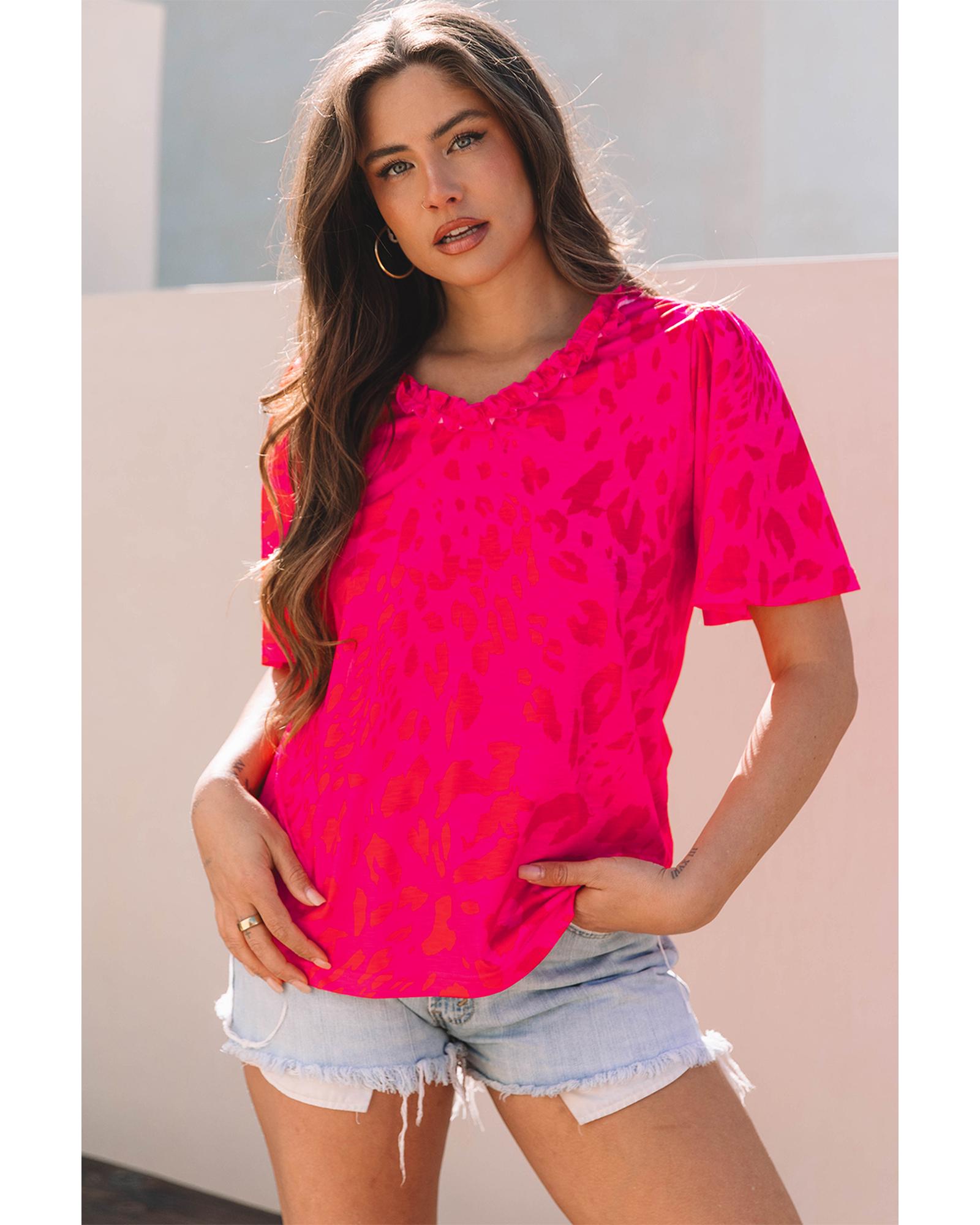 V539-AZEXDC25225310-P620-L-202508271845-00 Rose Leopard Frilly V Neck Short Sleeve Blouse - L - Image 1