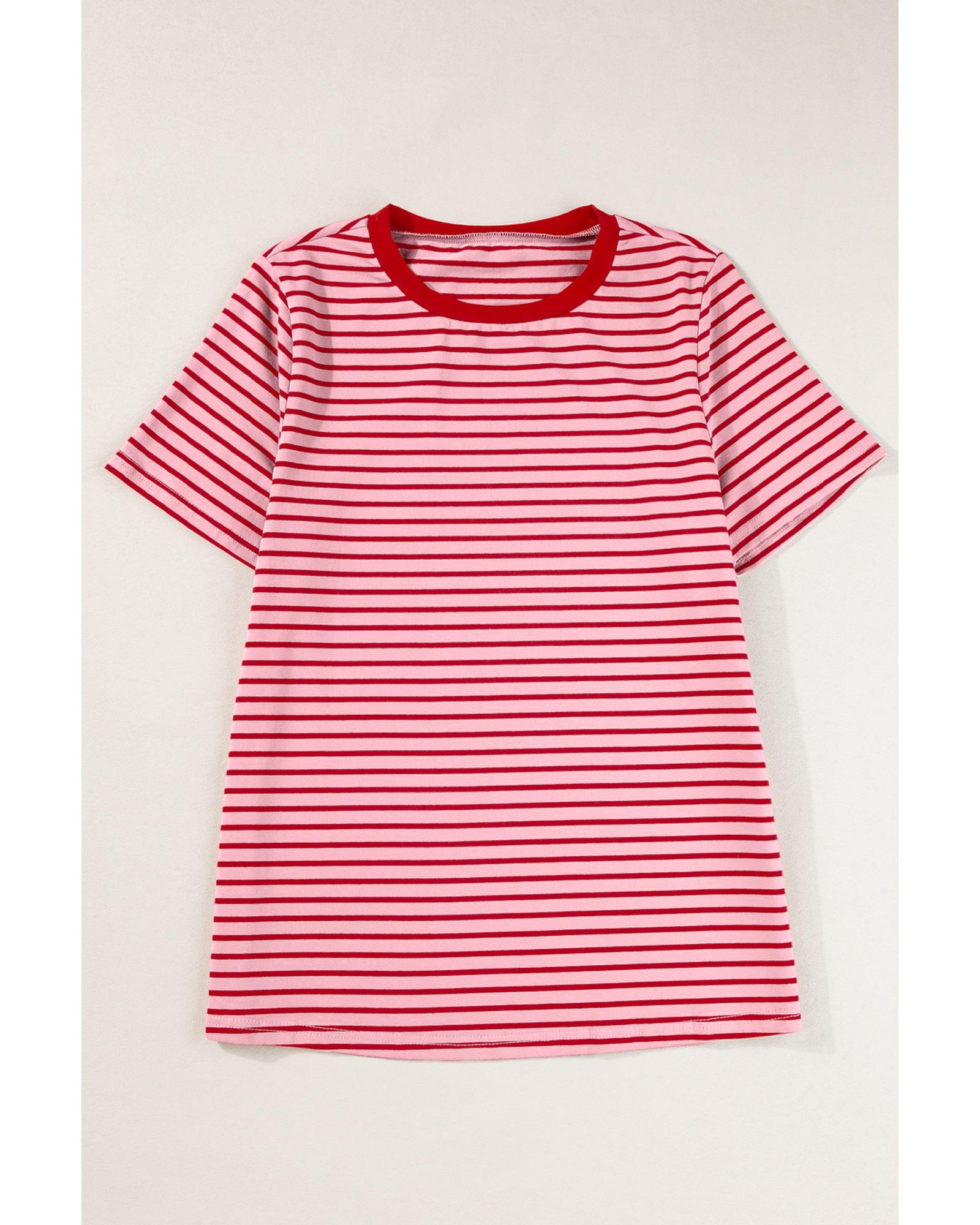 V539-AZEXDC25225498-P1019-XL-202506121011-00 Pink Stripe Crew Neck Casual T Shirt - XL - Image 1