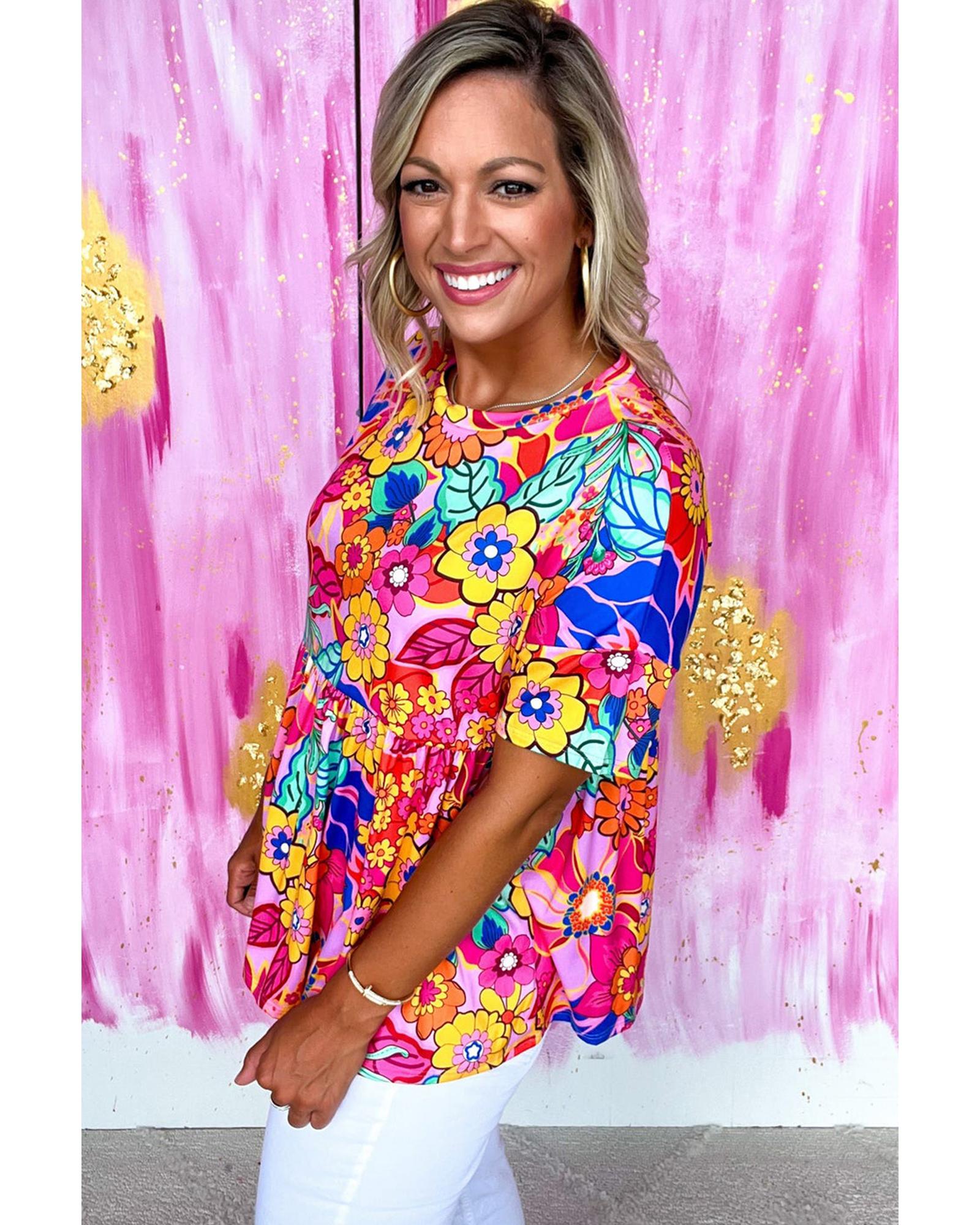 V539-AZEXDC25225682-P620-M-202508271100-00 Rose Floral Print Short Sleeve Pleated Babydoll Top - M - Image 1