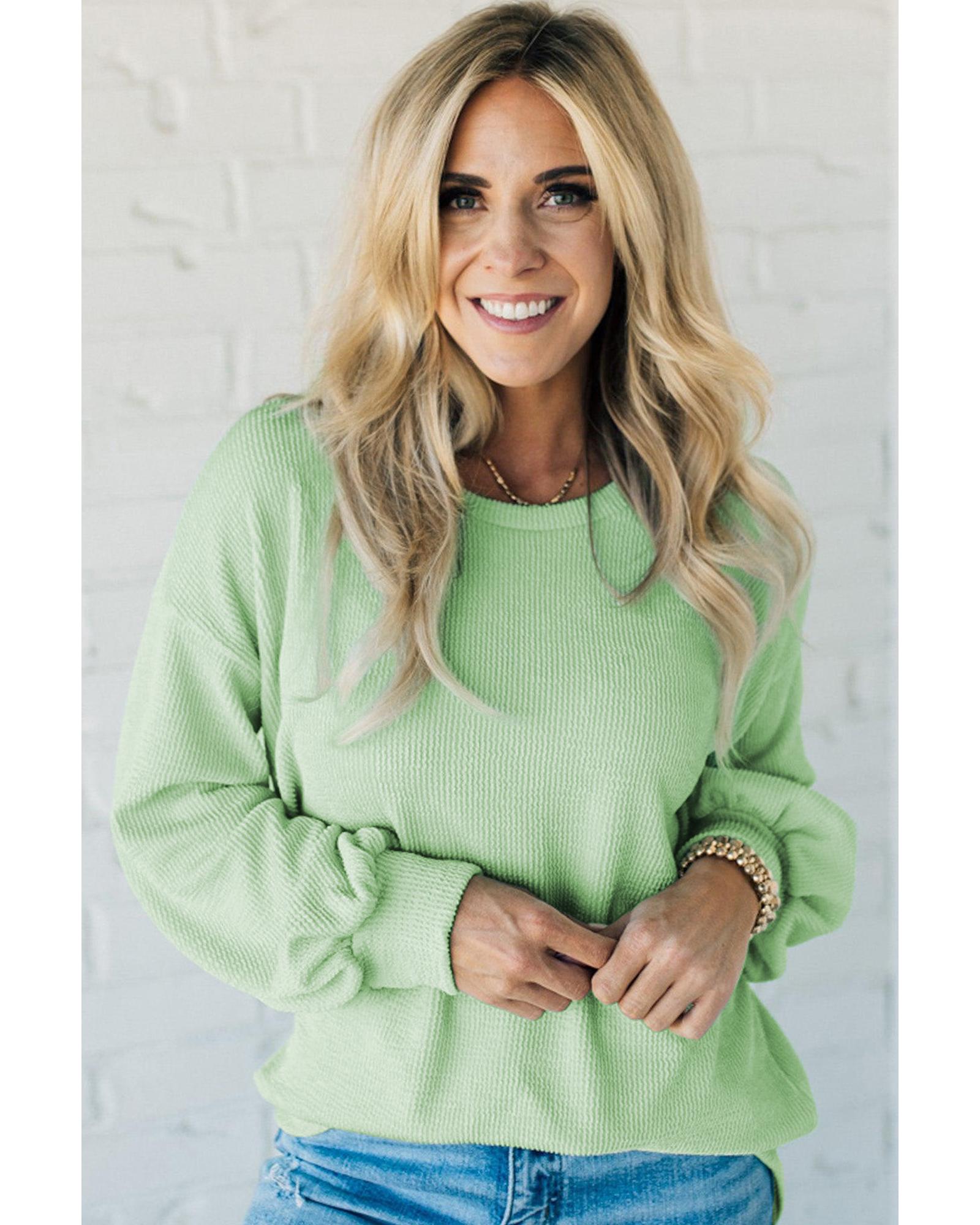 V539-AZEXDC25225835-P2209-S-202506121108-00 Moonlight Jade Solid Cord Ribbed Drop Shoulder Pullover Top - S - Image 1