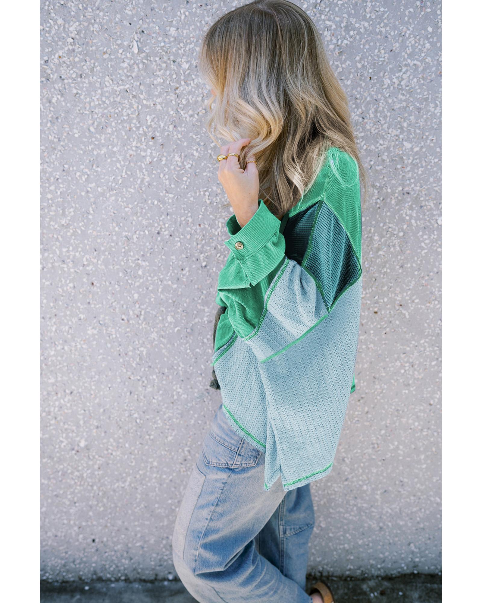 V539-AZEXDC25225886-P922-XL-202508270905-00 Green Colorblock Stitching Patchwork Buttoned Long Sleeve Top - XL - Image 1