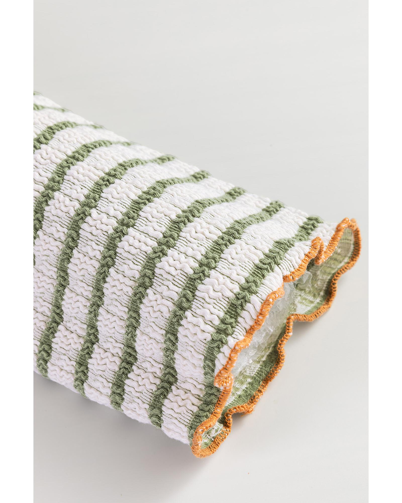 V539-AZEXDC25225994-P919-XL-202508271810-00 Green Stripe Textured Frilly Trim Buttons Henley Long Sleeve Top - XL - Image 1