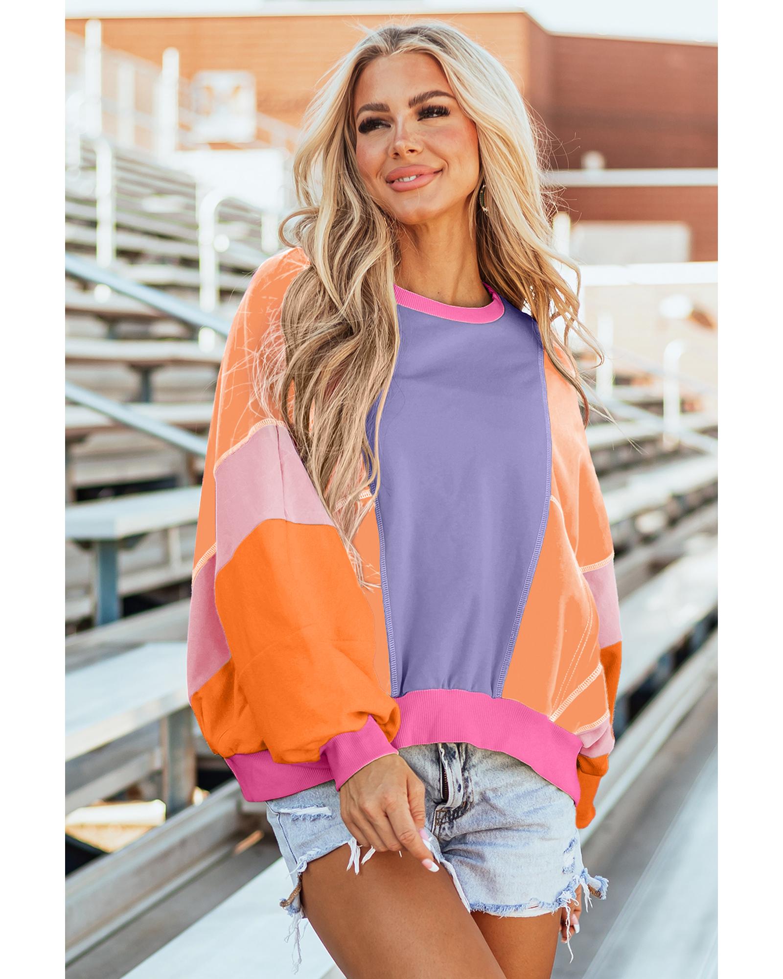 V539-AZEXDC25226016-P708-2XL-202508270620-00 Orchid Petal Colorblock Patchwork Exposed Stitching Oversize Top - 2XL - Image 1
