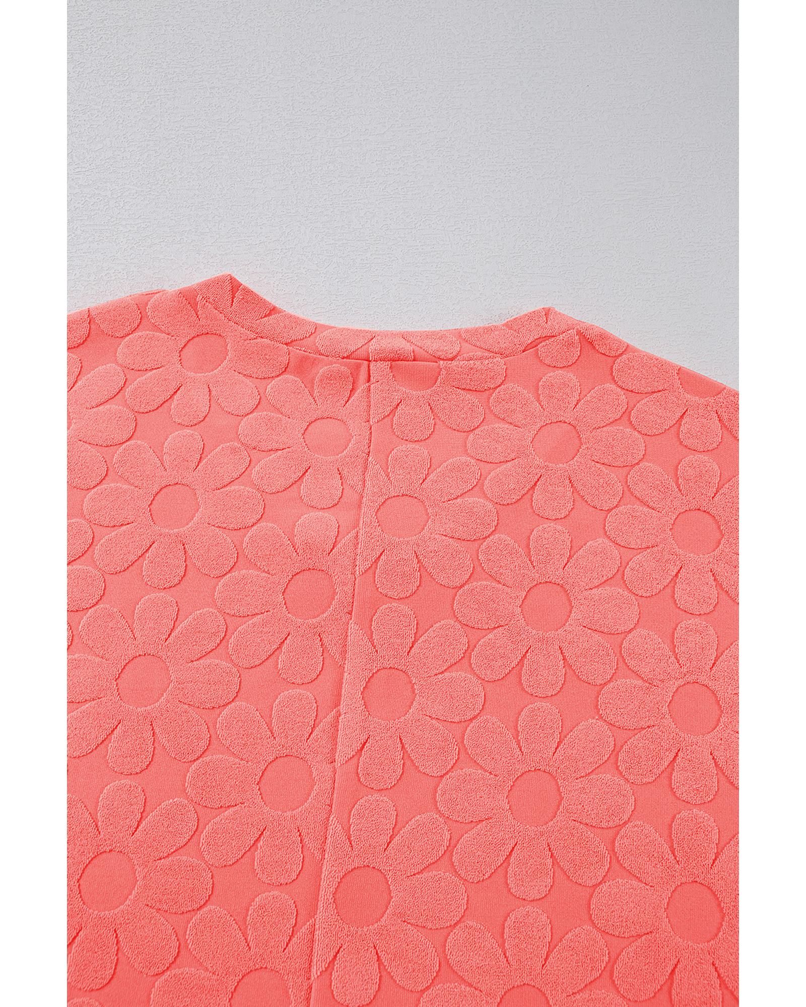 V539-AZEXDC25226051-P2010-L-202508270415-00 Apricot Pink Oversized Floral Jacquard V Neck Long Sleeve Top - L - Image 1