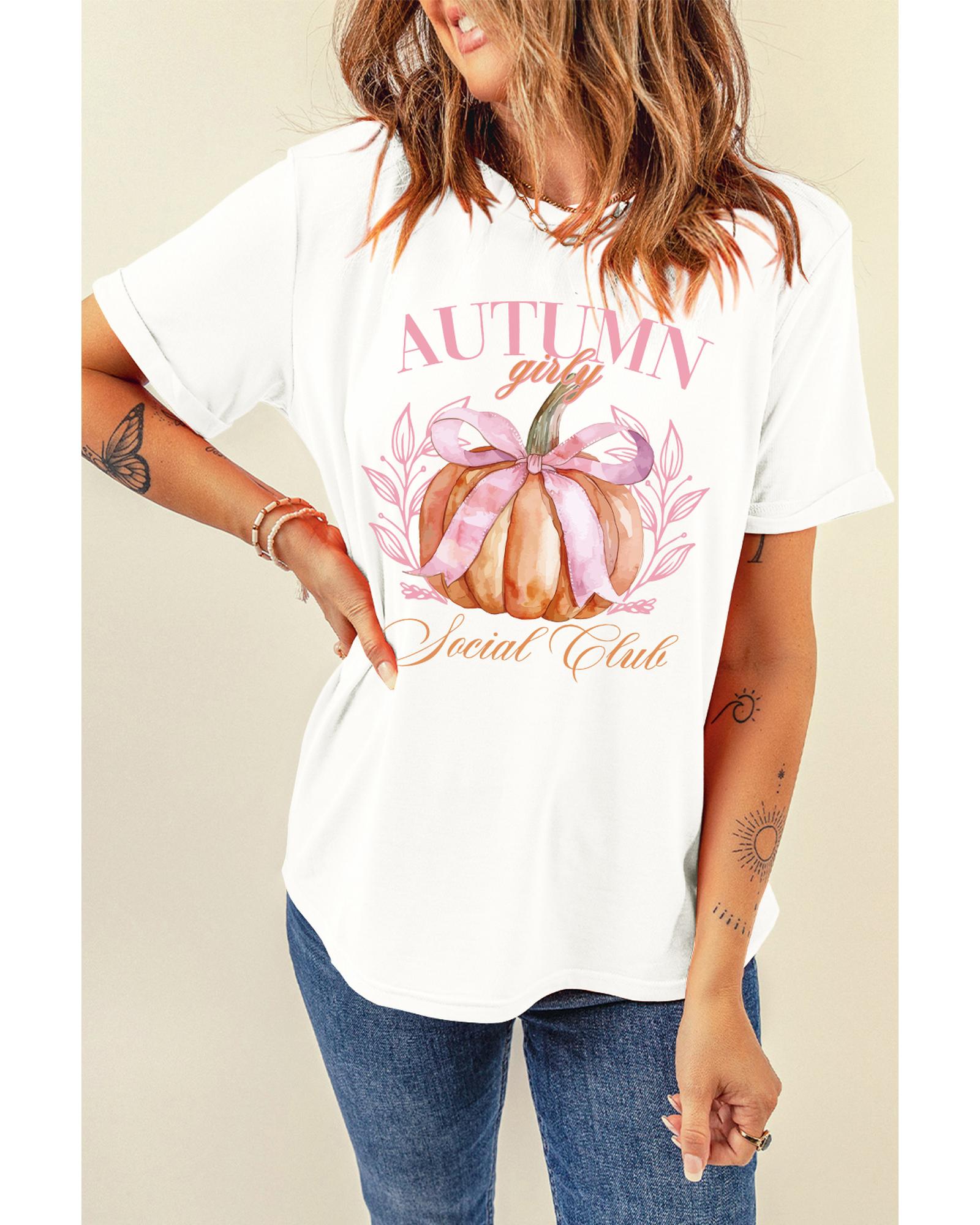 V539-AZEXDC25226495-1-XL-202508270720-00 White Autumn Girly Thanksgiving Bowknot Pumpkin Graphic T Shirt - XL - Image 1
