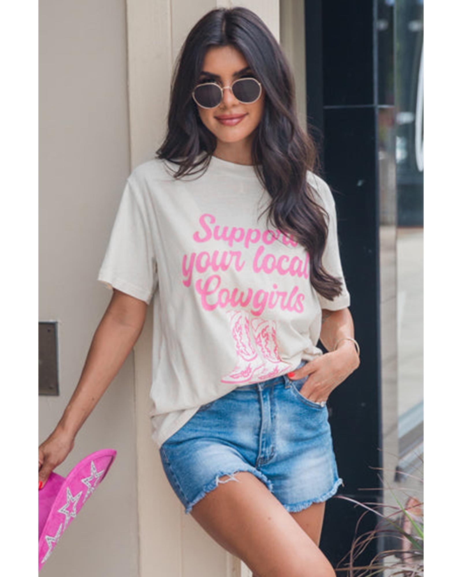 V539-AZEXDC25226658-1-XL-202508271145-00 White Support Your Local Cowgirls Boots Print Crewneck Tee - XL - Image 1