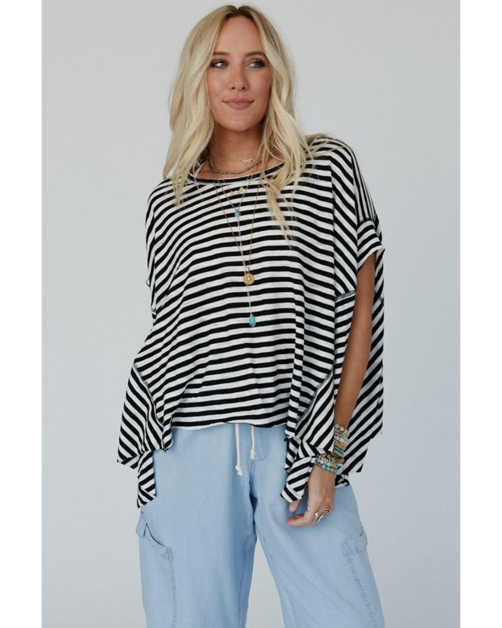 V539-AZEXDC25226680-P219-S-202506121620-00 Black Stripe Batwing Sleeve Crewneck Oversized Top - S - Image 1